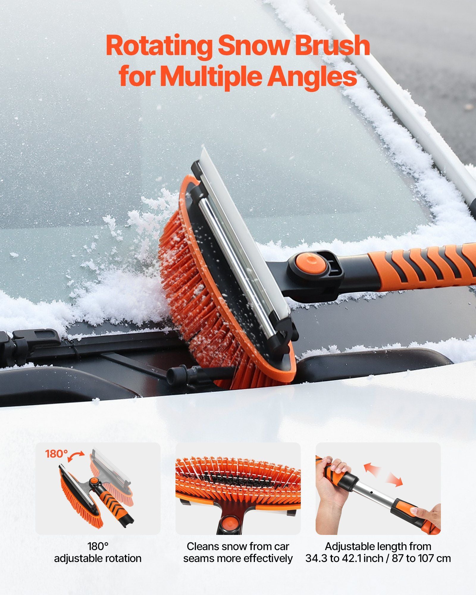 Snow Shovel and Snow Brush, 107cm Extendable Snows Broom & Ice Scraper with 180 degrees Pivoting Brush Head, V952-XCXSTZSL10INXQYFC001V0
