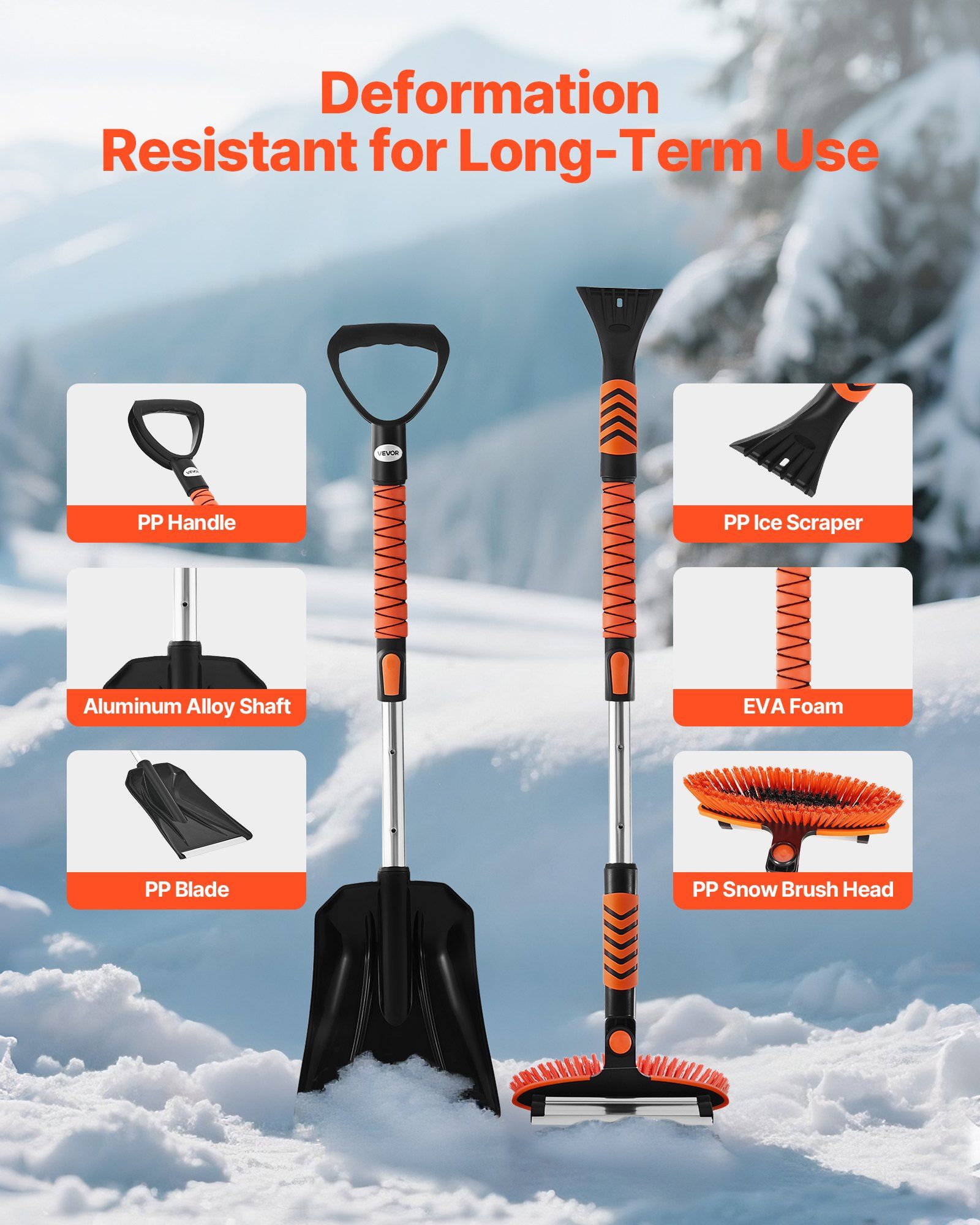 Snow Shovel and Snow Brush, 107cm Extendable Snows Broom & Ice Scraper with 180 degrees Pivoting Brush Head, V952-XCXSTZSL10INXQYFC001V0