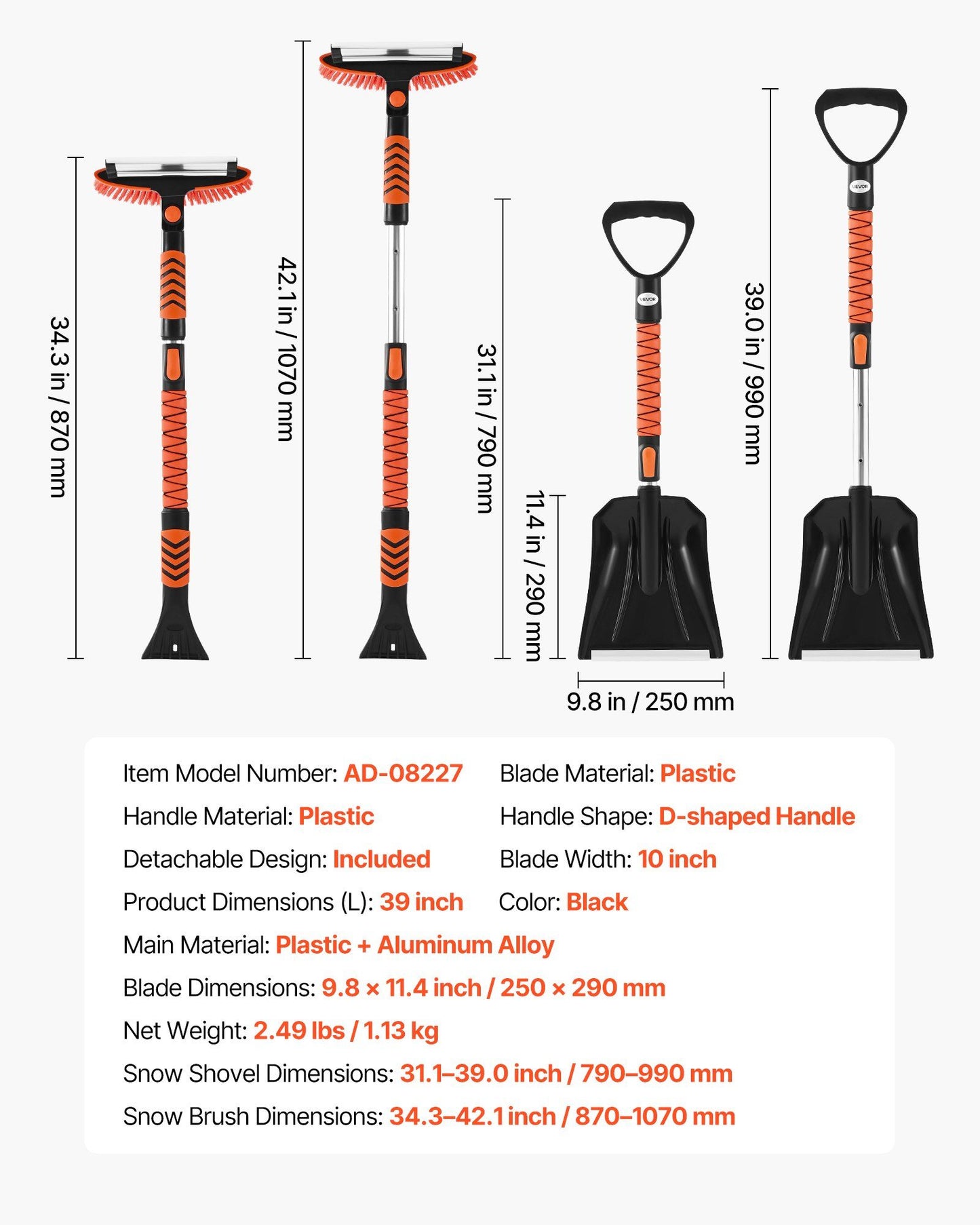 Snow Shovel and Snow Brush, 107cm Extendable Snows Broom & Ice Scraper with 180 degrees Pivoting Brush Head, V952-XCXSTZSL10INXQYFC001V0