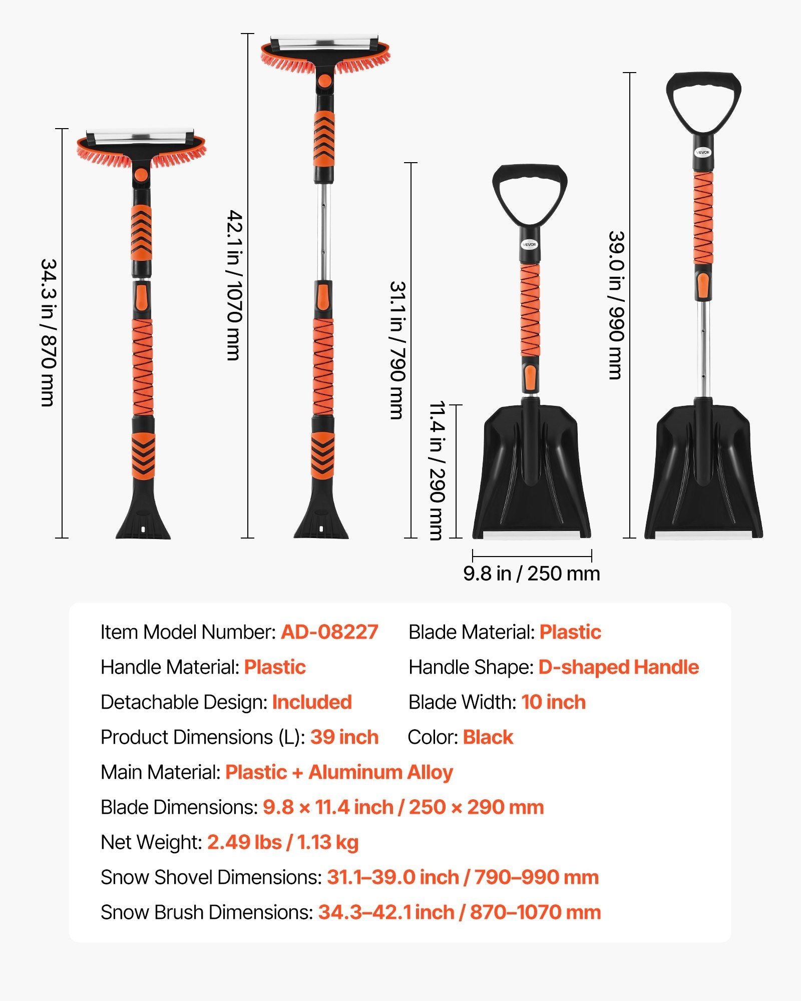 Snow Shovel and Snow Brush, 107cm Extendable Snows Broom & Ice Scraper with 180 degrees Pivoting Brush Head, V952-XCXSTZSL10INXQYFC001V0