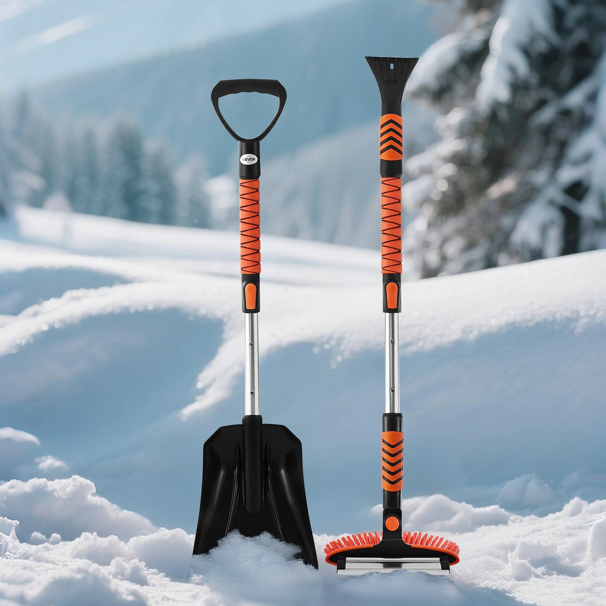 Snow Shovel and Snow Brush, 107cm Extendable Snows Broom & Ice Scraper with 180 degrees Pivoting Brush Head, V952-XCXSTZSL10INXQYFC001V0