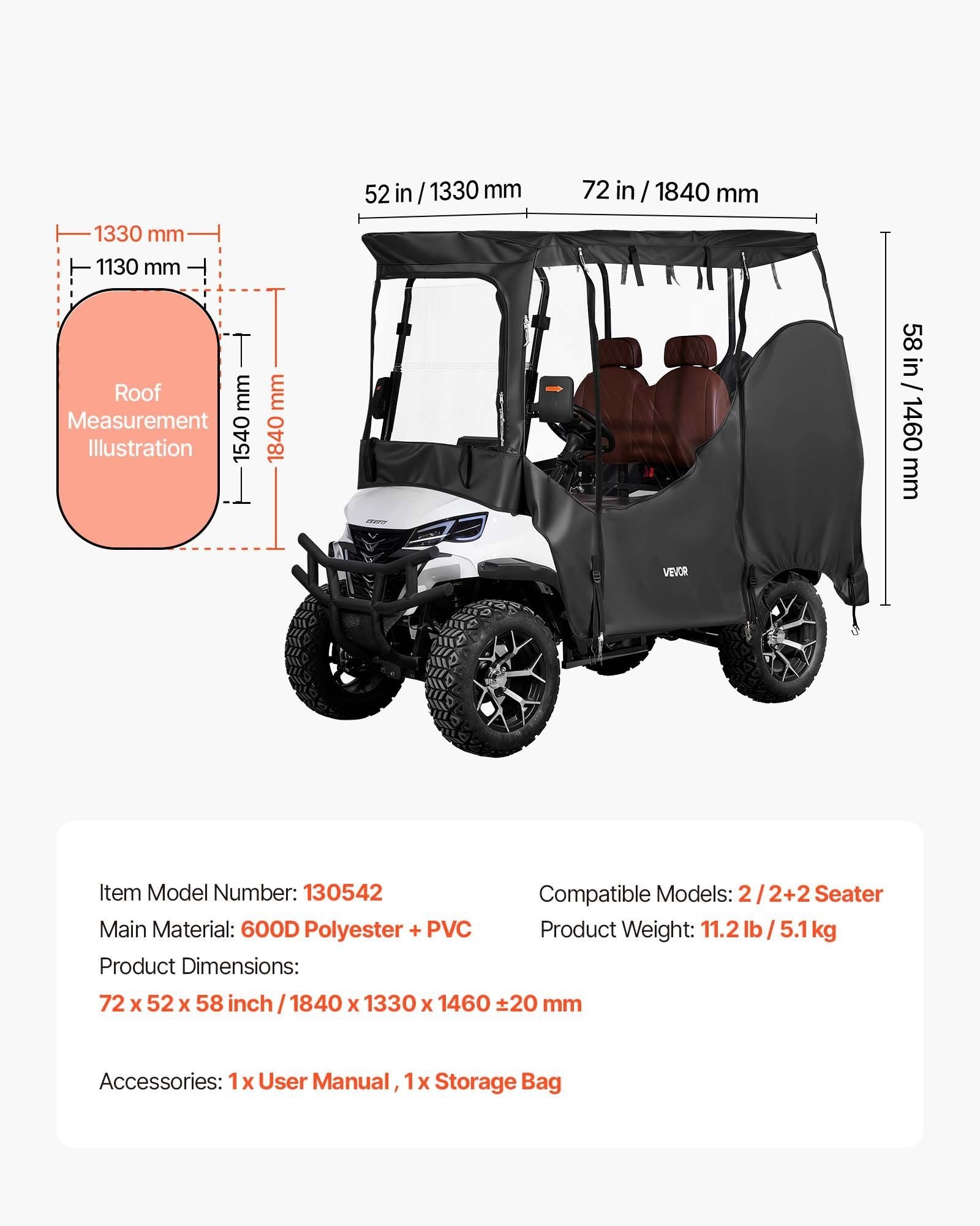 Golf Cart Cover, Visible Full-Enclosure 2&2+2 Passenger Golf Cart, 600D Waterproof Oxford Fabric Club Car V952-XCZYCZKSHKS2ZQV81001V0