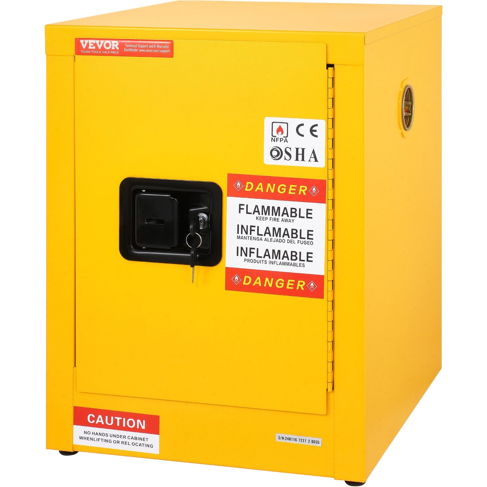 12 Gallon Safety Cabinet for Flammable Liquids Single door and Manual Close Yellow Hazardous Storage V952-XFG56X43X43CMHS01V0