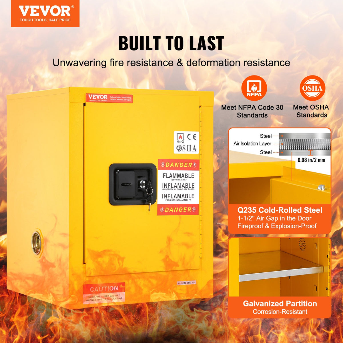 12 Gallon Safety Cabinet for Flammable Liquids Single door and Manual Close Yellow Hazardous Storage V952-XFG56X43X43CMHS01V0