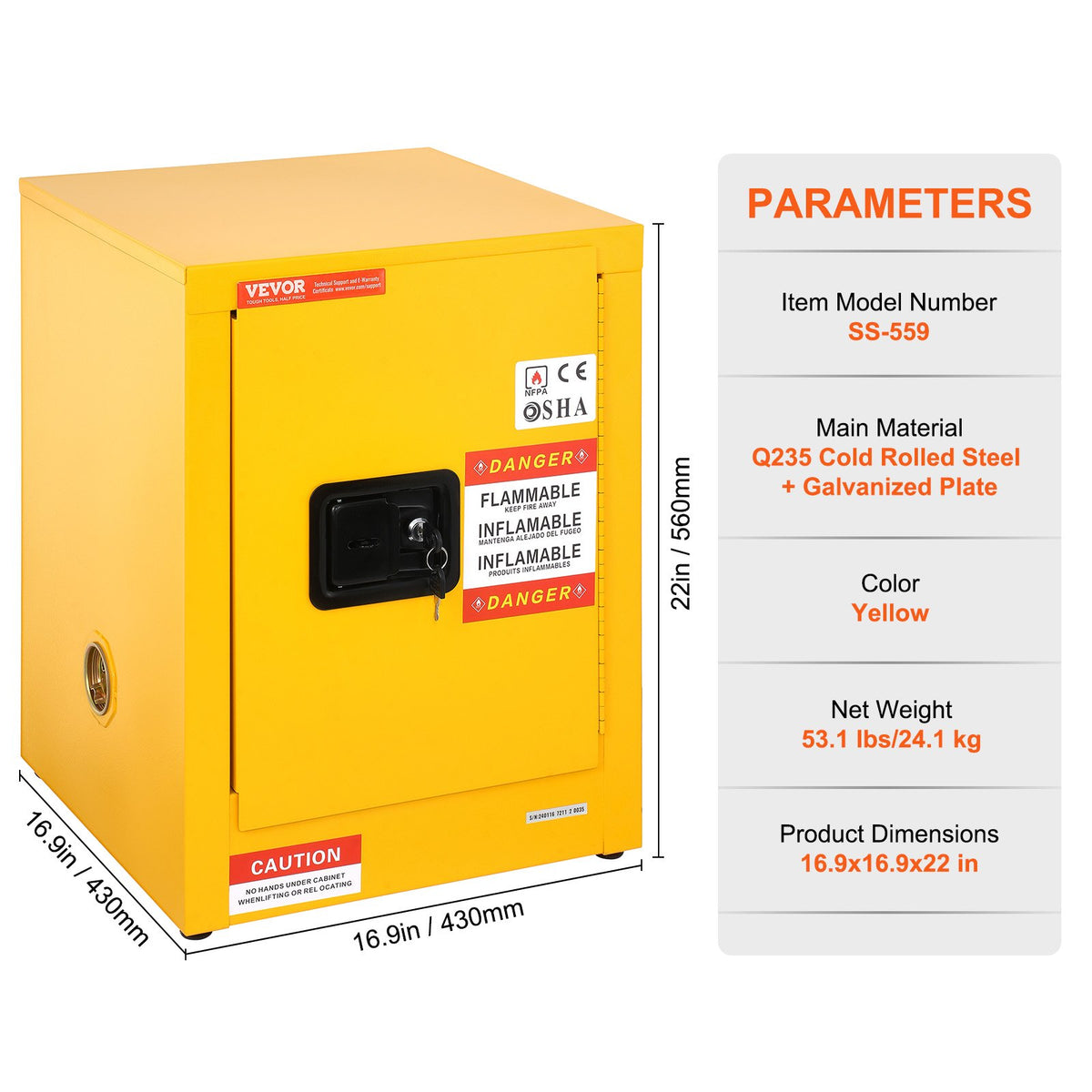 12 Gallon Safety Cabinet for Flammable Liquids Single door and Manual Close Yellow Hazardous Storage V952-XFG56X43X43CMHS01V0