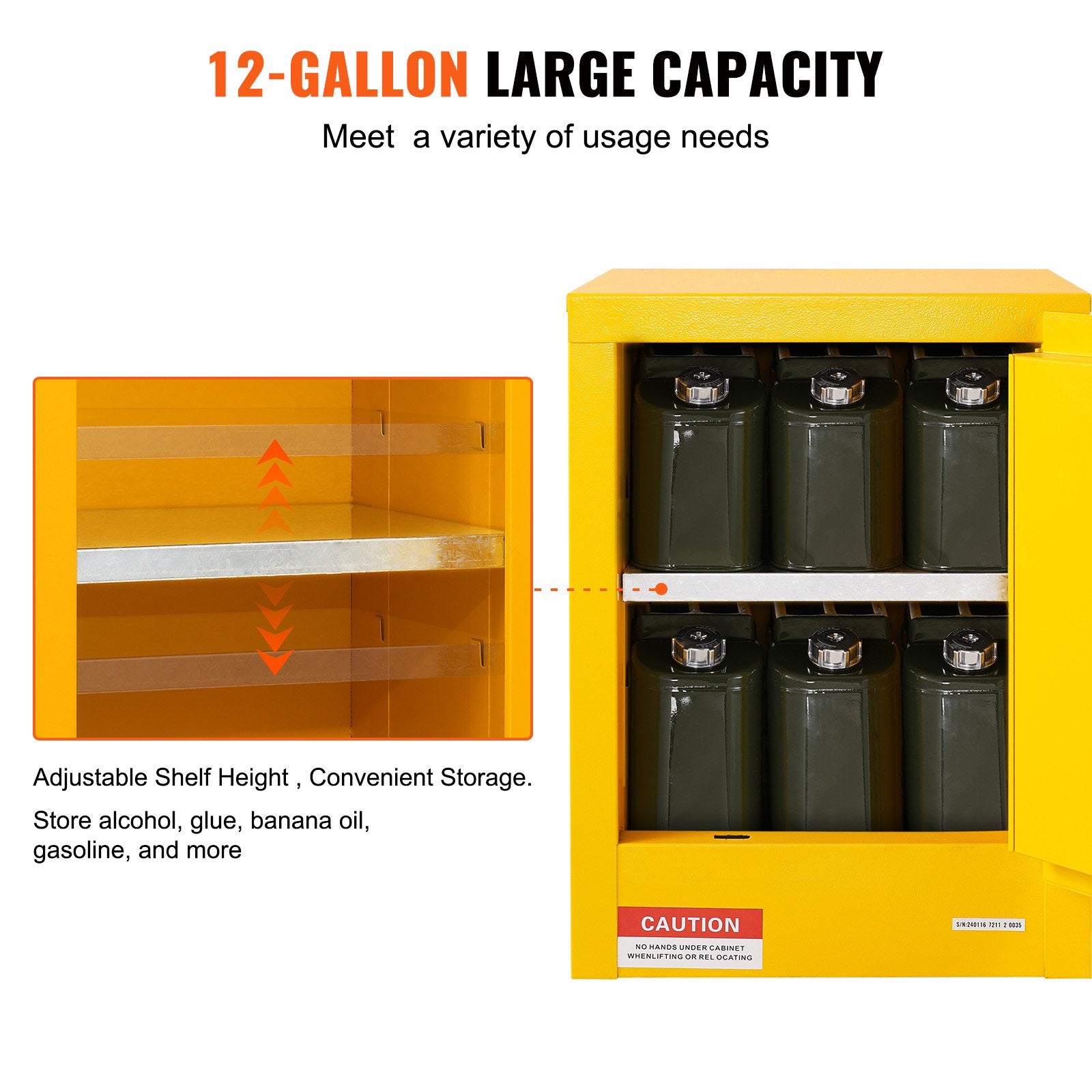 12 Gallon Safety Cabinet for Flammable Liquids Single door and Manual Close Yellow Hazardous Storage V952-XFG56X43X43CMHS01V0