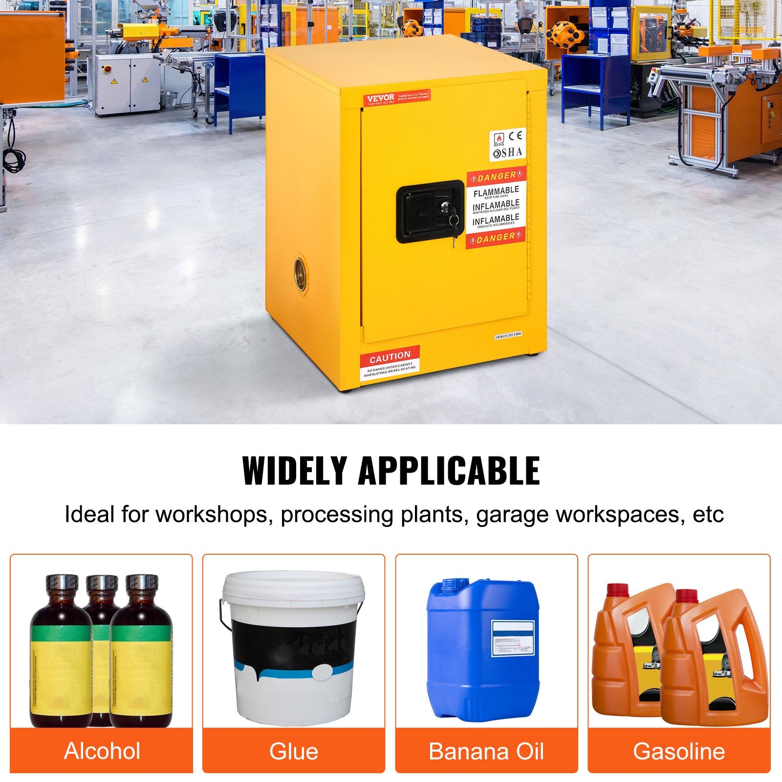 12 Gallon Safety Cabinet for Flammable Liquids Single door and Manual Close Yellow Hazardous Storage V952-XFG56X43X43CMHS01V0