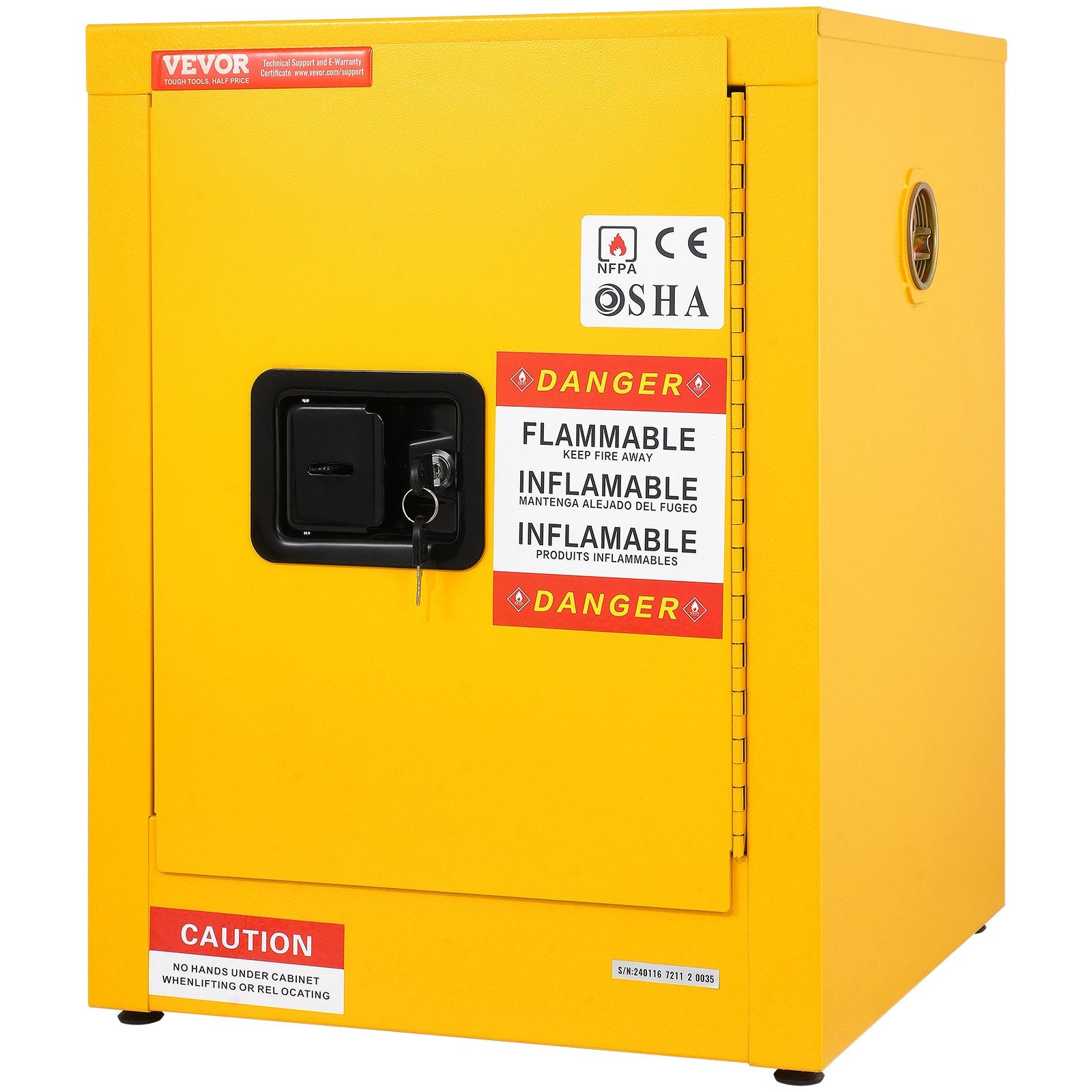 12 Gallon Safety Cabinet for Flammable Liquids Single door and Manual Close Yellow Hazardous Storage V952-XFG56X43X43CMHS01V0