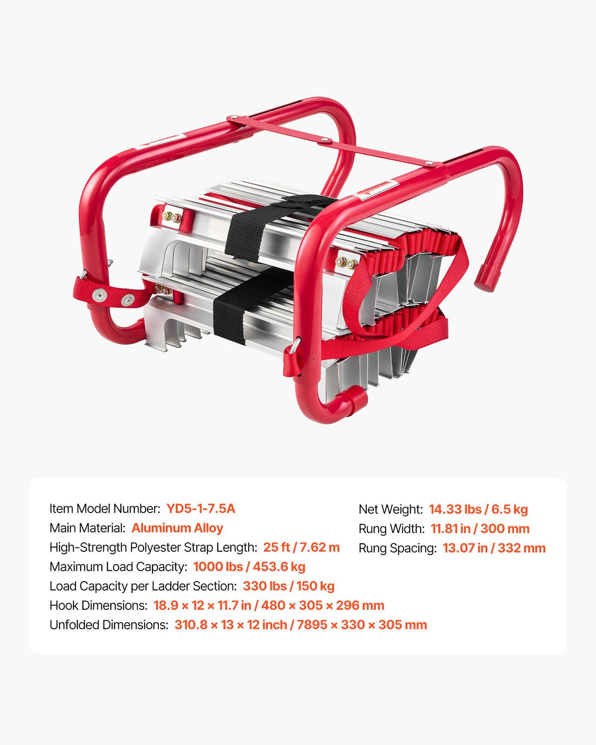Fire Escape Ladder, 3-Story 7.62m Retractable Emergency Fire Ladder, Lightweight Aluminum Alloy Safety Escape V952-XFTSTFHTST257SACB001V0