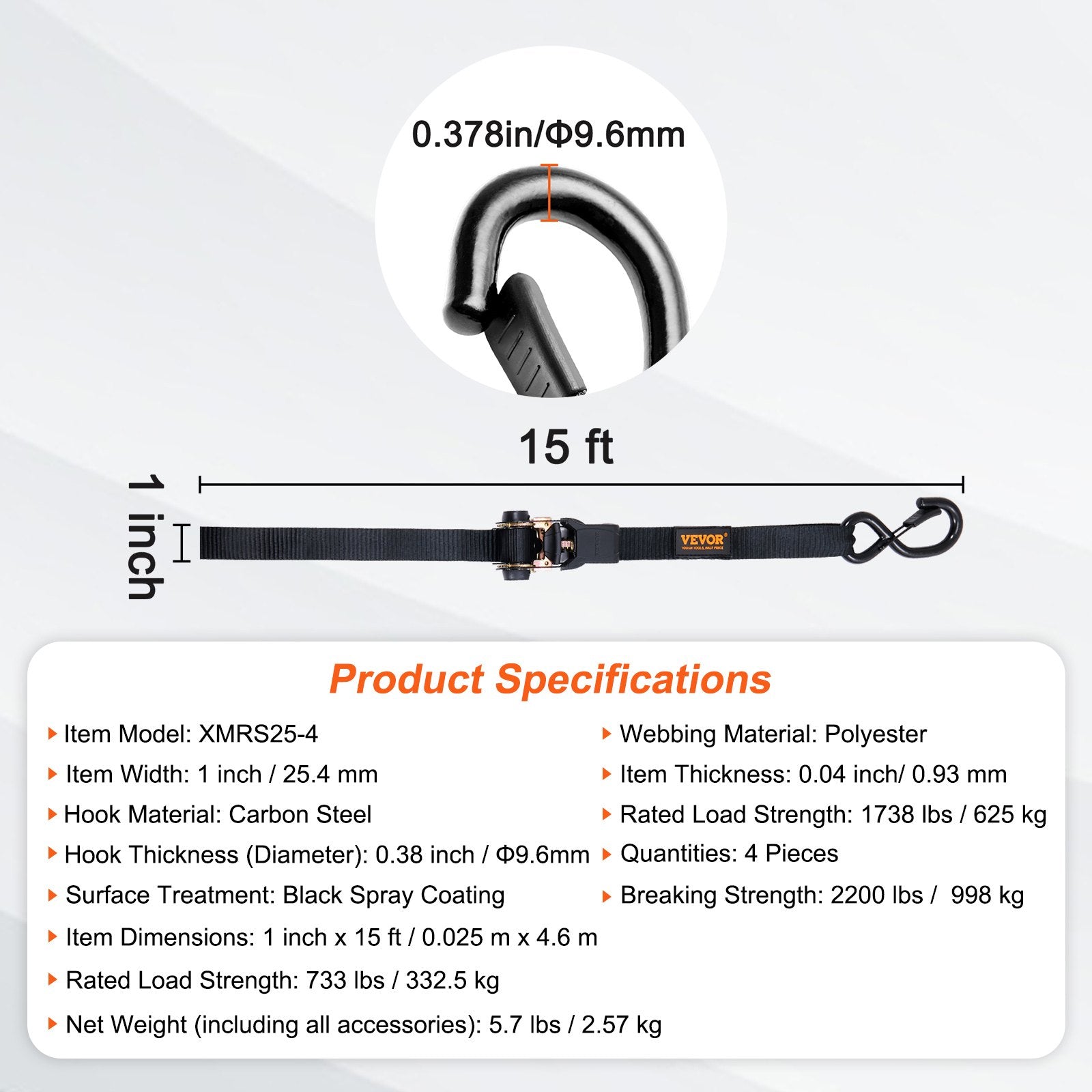4 Pack Ratchet Tie Down Straps 2200 lbs 1"x15' Heavy Duty for Cargo V952-XGJLDXGS1X154F4R0V0