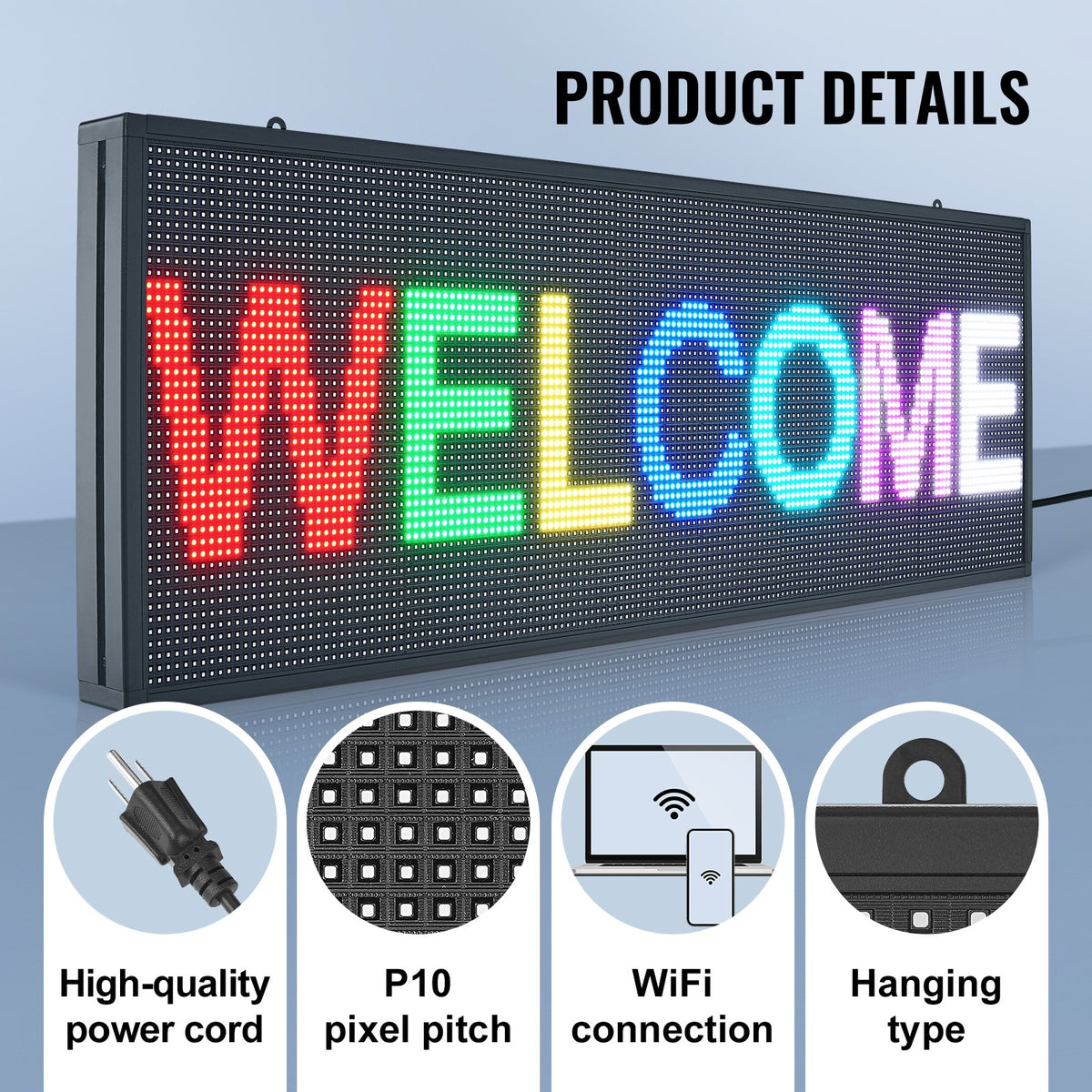 Programmable LED Sign, P10 Full Color LED Scrolling Panel, DIY Custom Text Animation Pattern Display Board, WIFI USB Control Message Shop Sign for Store Business Party Bar Advertising, 99x35cm