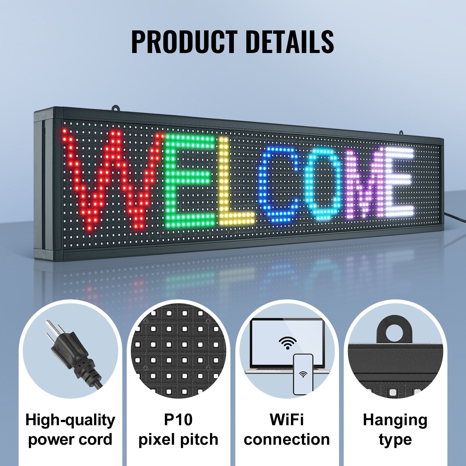 Programmable LED Sign, P10 Full Color LED Scrolling Panel, DIY Custom Text Animation Pattern Display Board, WIFI USB Control Message Shop Sign for Store Business Party Bar Advertising, 99x19cm