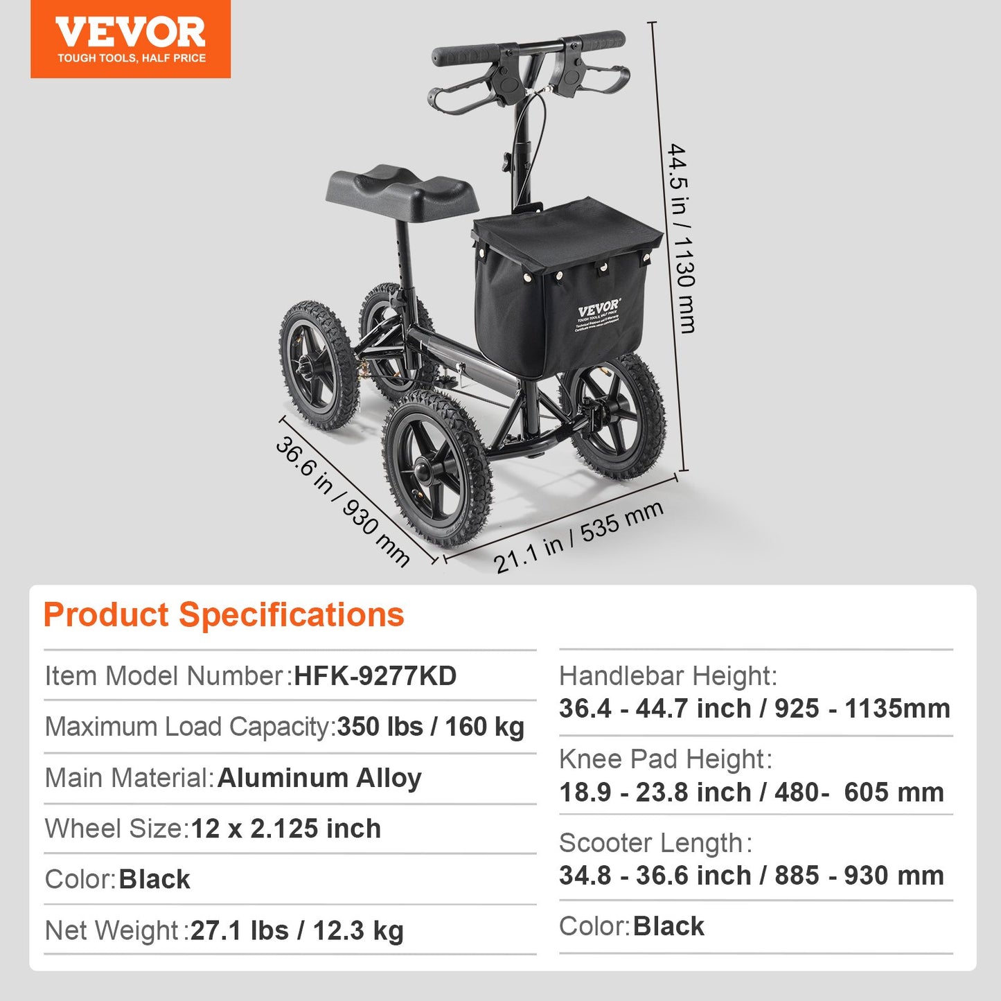 Folding Knee Scooter, Aluminum Steerable Knee Walker with Height-Adjustable Handlebar & Knee Pad, 12" V952-XGZXQCQLBDJZ6X9I8V0