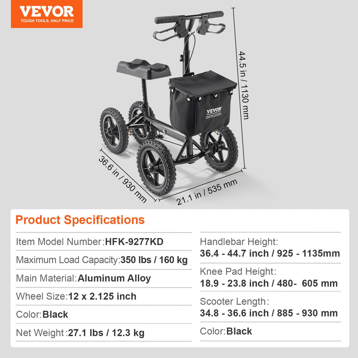 Folding Knee Scooter, Aluminum Steerable Knee Walker with Height-Adjustable Handlebar & Knee Pad, 12" V952-XGZXQCQLBDJZ6X9I8V0