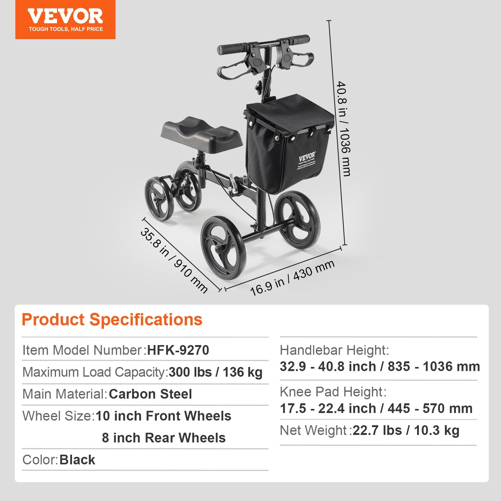 Folding Knee Scooter, Carbon Steel Steerable Knee Walker with Height-Adjustable Handlebar & Knee Pad, V952-XGZXQQ10H8SXT3HJ5V0