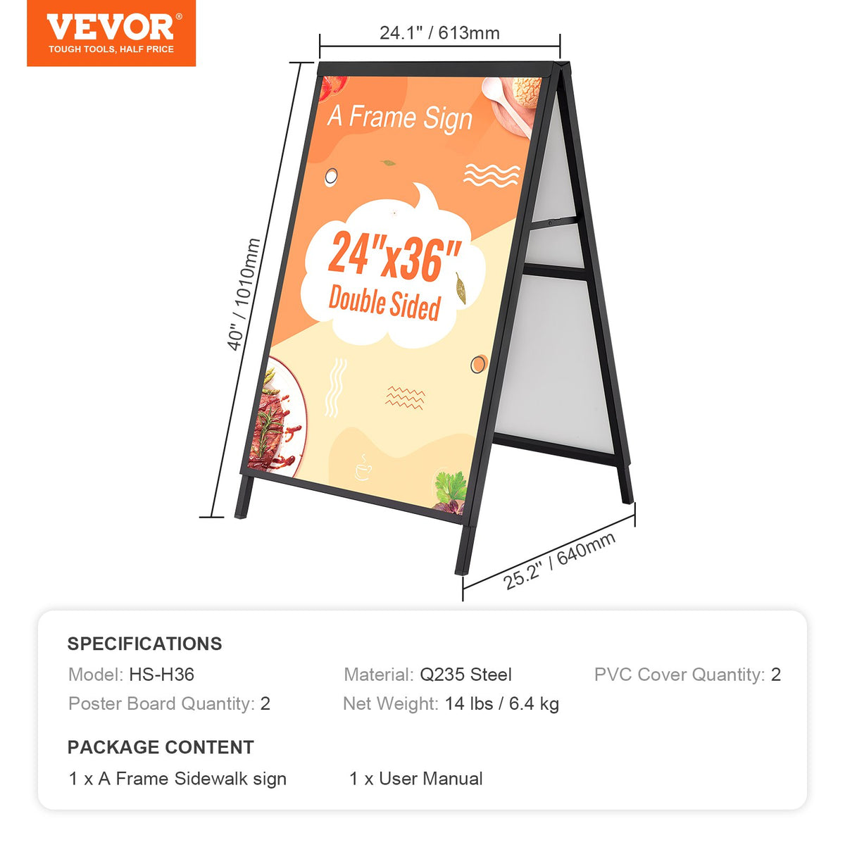 A Frame Sidewalk Sign, 61x91cm Heavy Duty Slide-in Signboard Holder, Double-Sided Folding Sandwich Board V952-XHBZA2436INCHM1FCV0