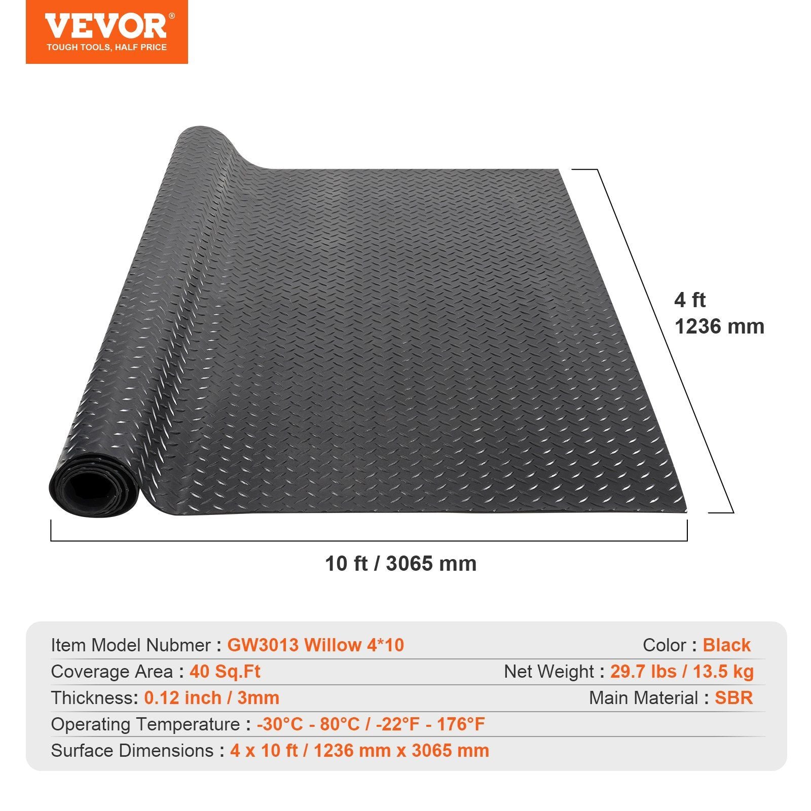 Diamond-Plate Rubber Flooring Roll, 3 mm x 4 ft x 10 ft Garage Floor Mat, SBR Rubber Garage Flooring Roll, V952-XJCKDDXJ410FQR6Z7V0