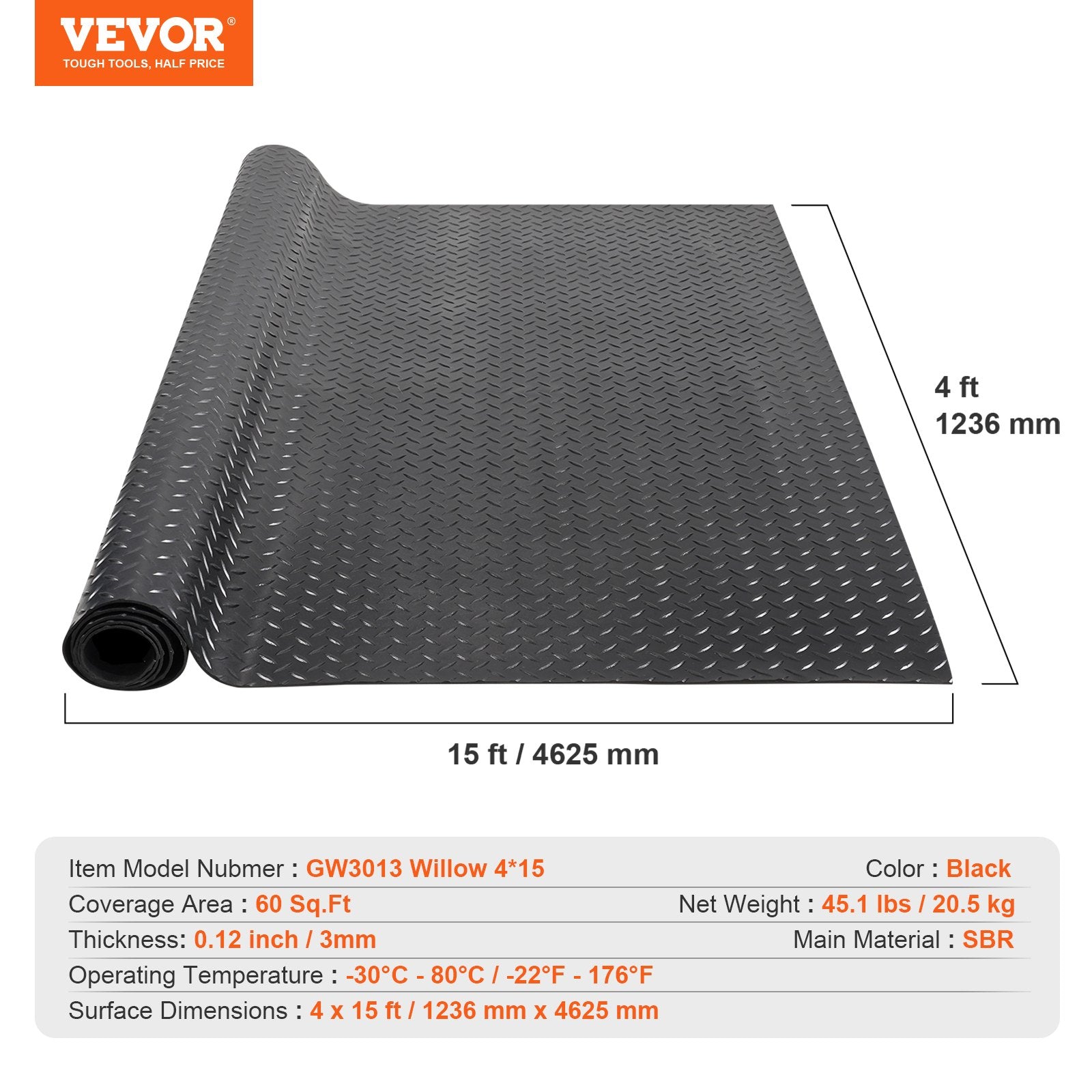 Diamond-Plate Rubber Flooring Roll, 3 mm x 4 ft x 15 ft Garage Floor Mat, SBR Rubber Garage Flooring Roll, V952-XJCKDDXJ415FRUWLBV0