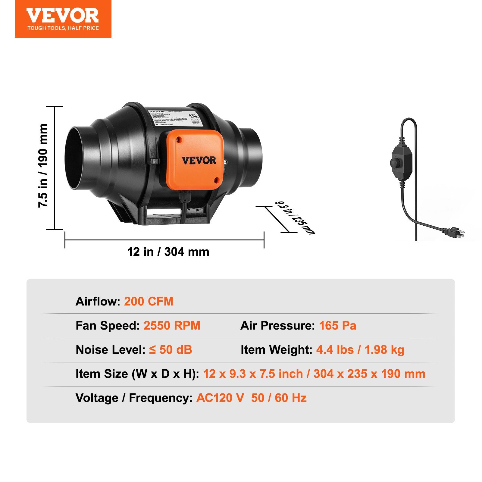 Inline Duct Fan, 102mm 129.7 CFM with Variable Speed Controller, Quiet AC-motor Ventilation Exhaust Fan for V952-XLGDFJYCHSAC41HSYV3