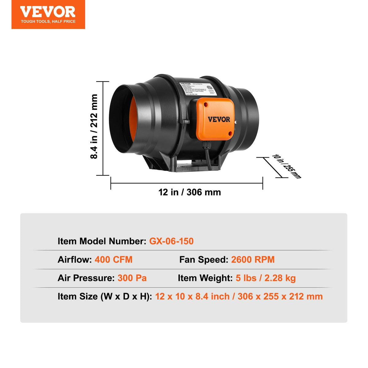Inline Duct Fan, 152.4mm 323.7 CFM with Variable Speed Controller, Quiet AC-motor Ventilation Exhaust Fan for V952-XLGDFJYCHSAC6J5DVV3