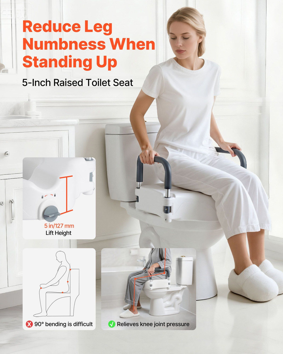 Raised Toilet Seat with Arms, 136.1 kg Load Capacity, 127 mm Lift Height, Widened Commode Elevated Toilet V952-XNSDSJGMTZD5HIUXQ001V0