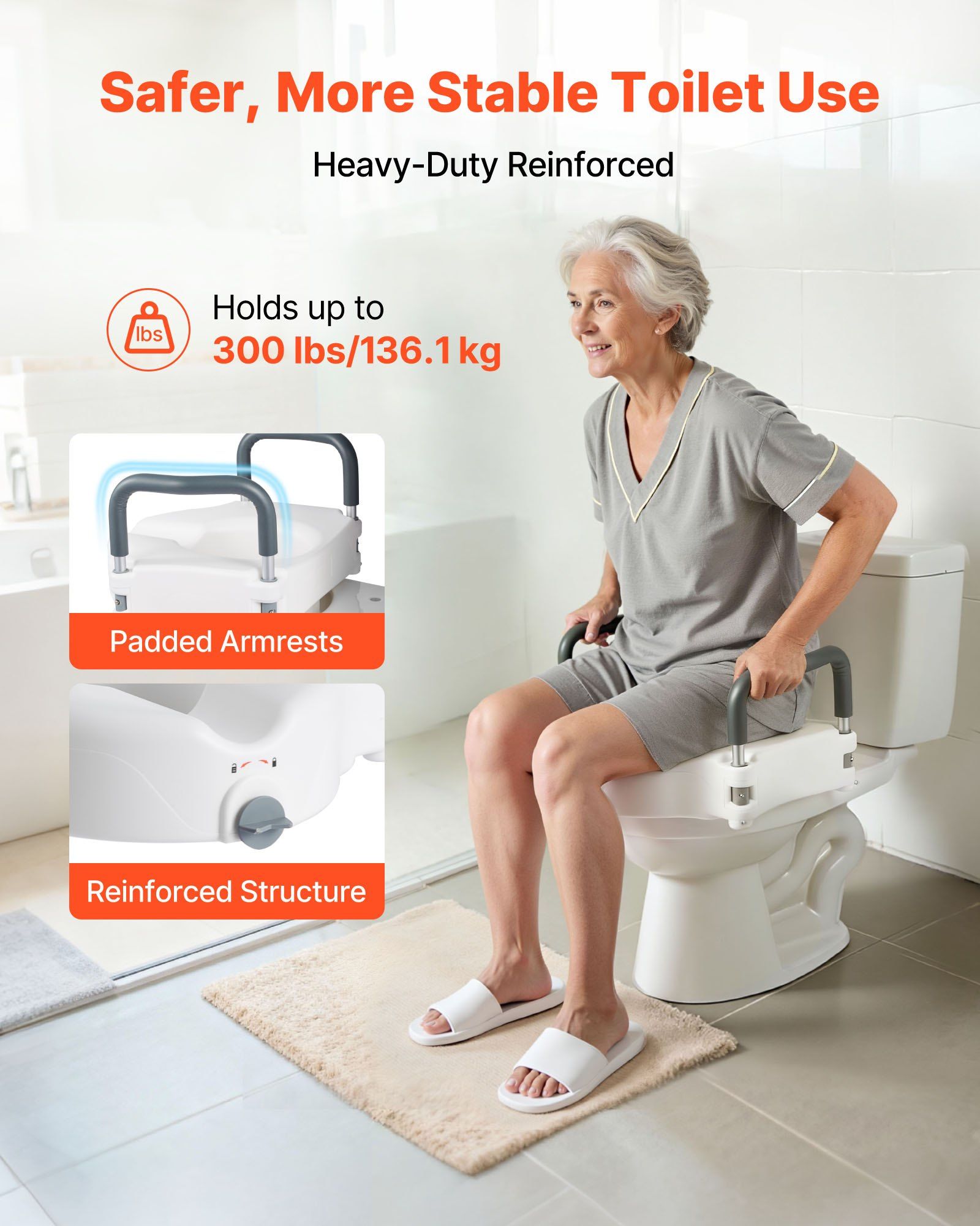 Raised Toilet Seat with Arms, 136.1 kg Load Capacity, 127 mm Lift Height, Widened Commode Elevated Toilet V952-XNSDSJGMTZD5HIUXQ001V0