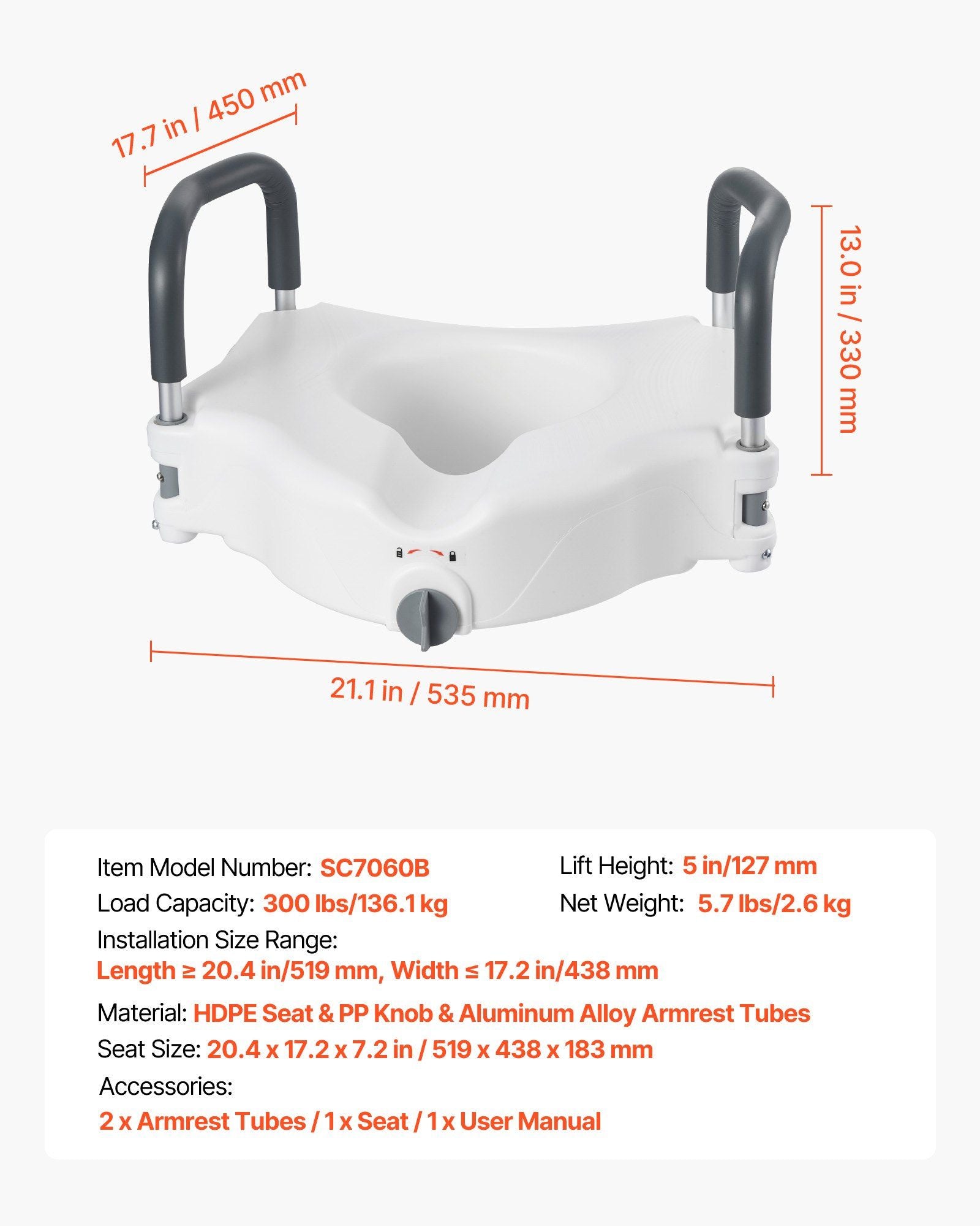 Raised Toilet Seat with Arms, 136.1 kg Load Capacity, 127 mm Lift Height, Widened Commode Elevated Toilet V952-XNSDSJGMTZD5HIUXQ001V0
