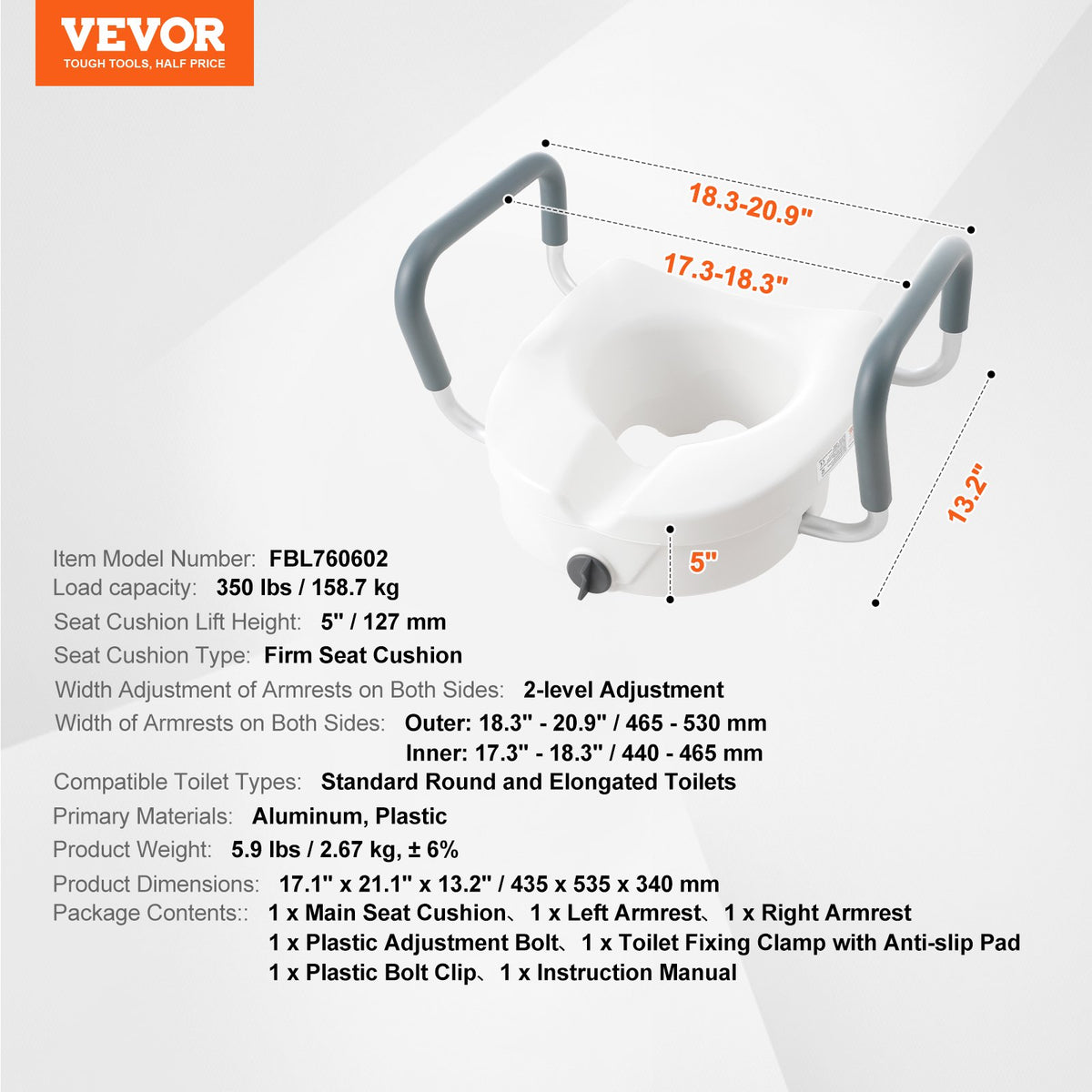 Raised Toilet Seat, 5" Height Raised, 350 lbs Weight Capacity, for Round and Elongated Toilet, Twist Lock V952-XNSDSJGMTZDD2MQ2TV0
