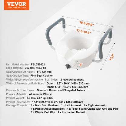 Raised Toilet Seat, 5" Height Raised, 350 lbs Weight Capacity, for Round and Elongated Toilet, Twist Lock V952-XNSDSJGMTZDD2MQ2TV0
