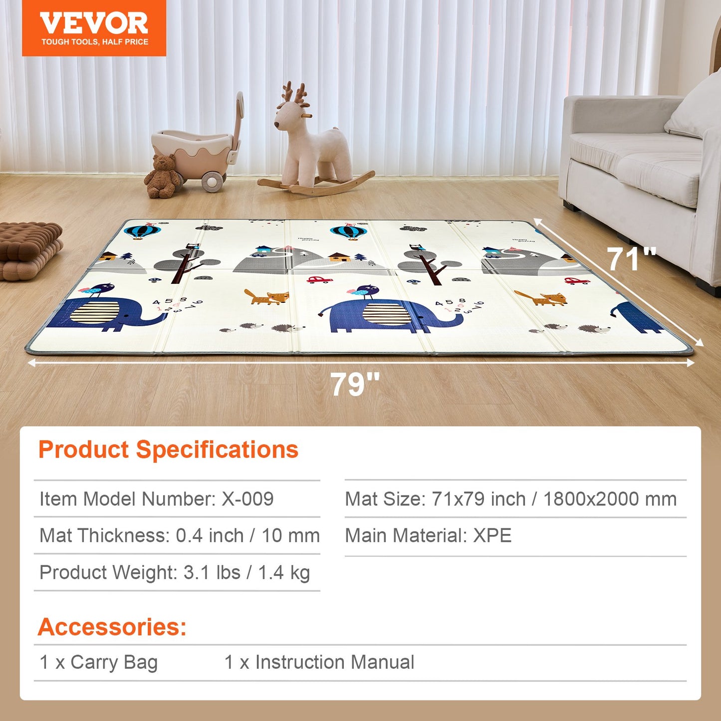 Baby Play Mat, 71""x79"" Extra Large Baby Crawling Mat, Non-Slip One-Piece Foam Baby Playmat, Foldable V952-XPEPXDXPE04Y38F4DV0