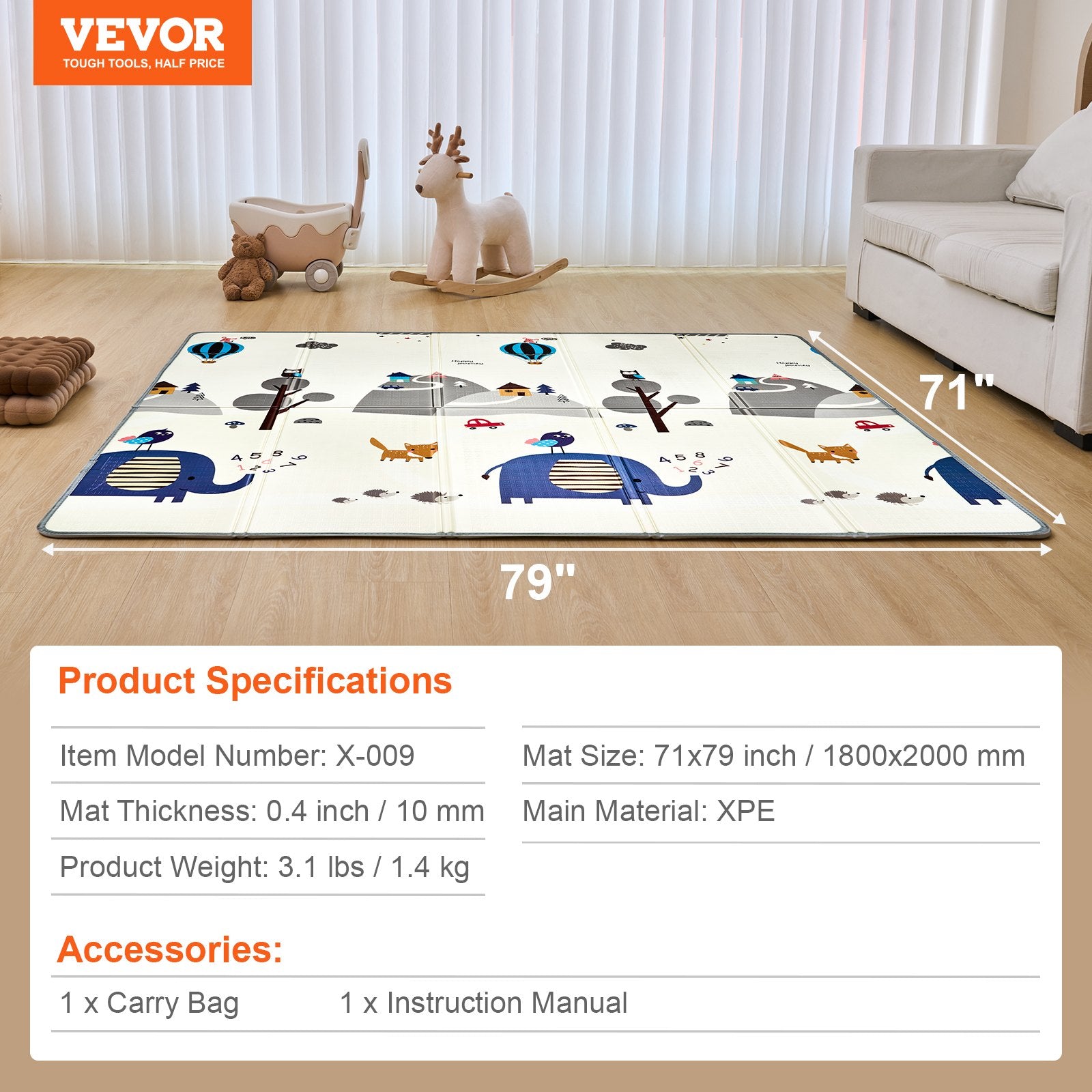 Baby Play Mat, 71""x79"" Extra Large Baby Crawling Mat, Non-Slip One-Piece Foam Baby Playmat, Foldable V952-XPEPXDXPE04Y38F4DV0