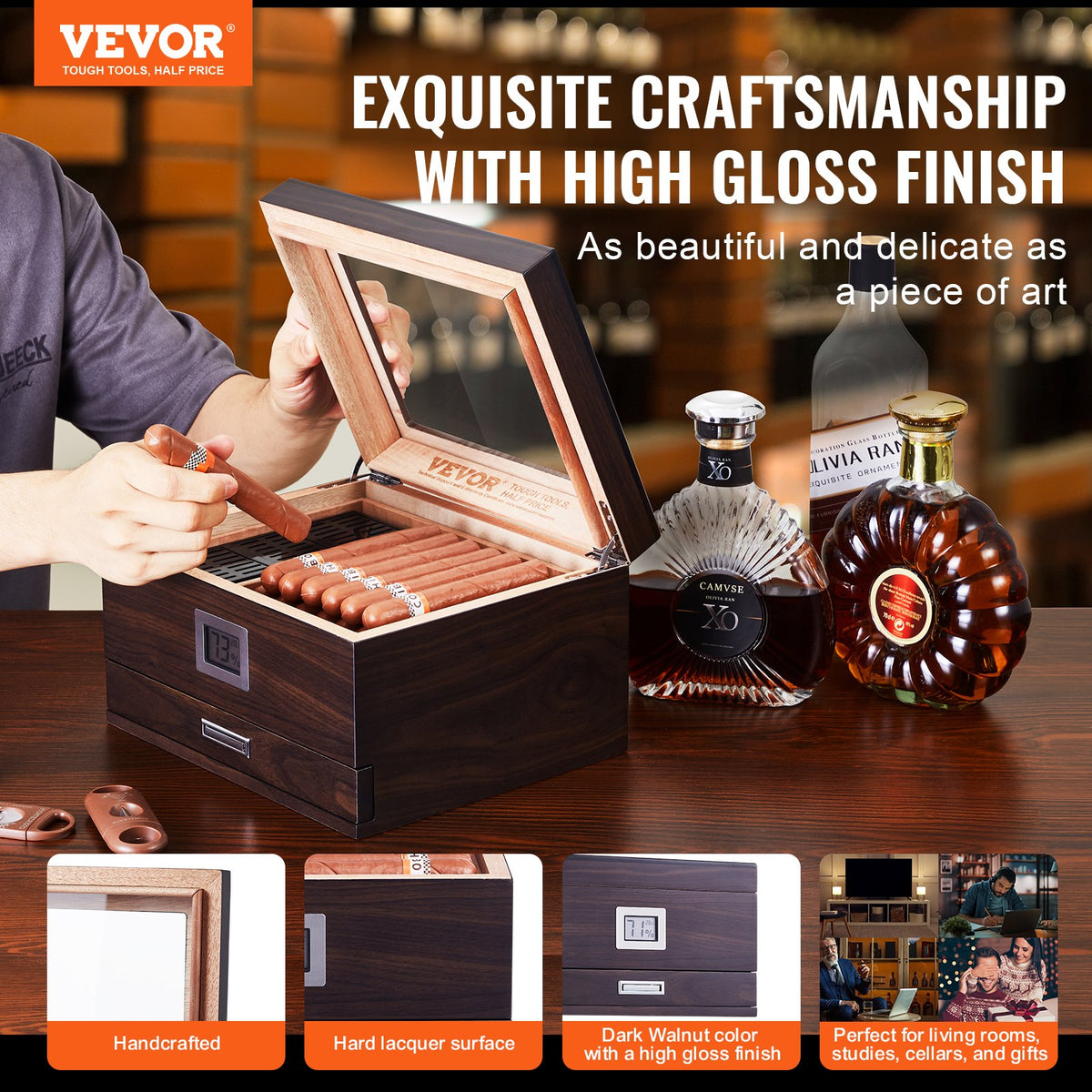 50 Cigar Humidor Glasstop Cedar Cigar Box Humidifier & Hygrometer & Drawer V952-XQBSJMTKJ3055E7JTV9