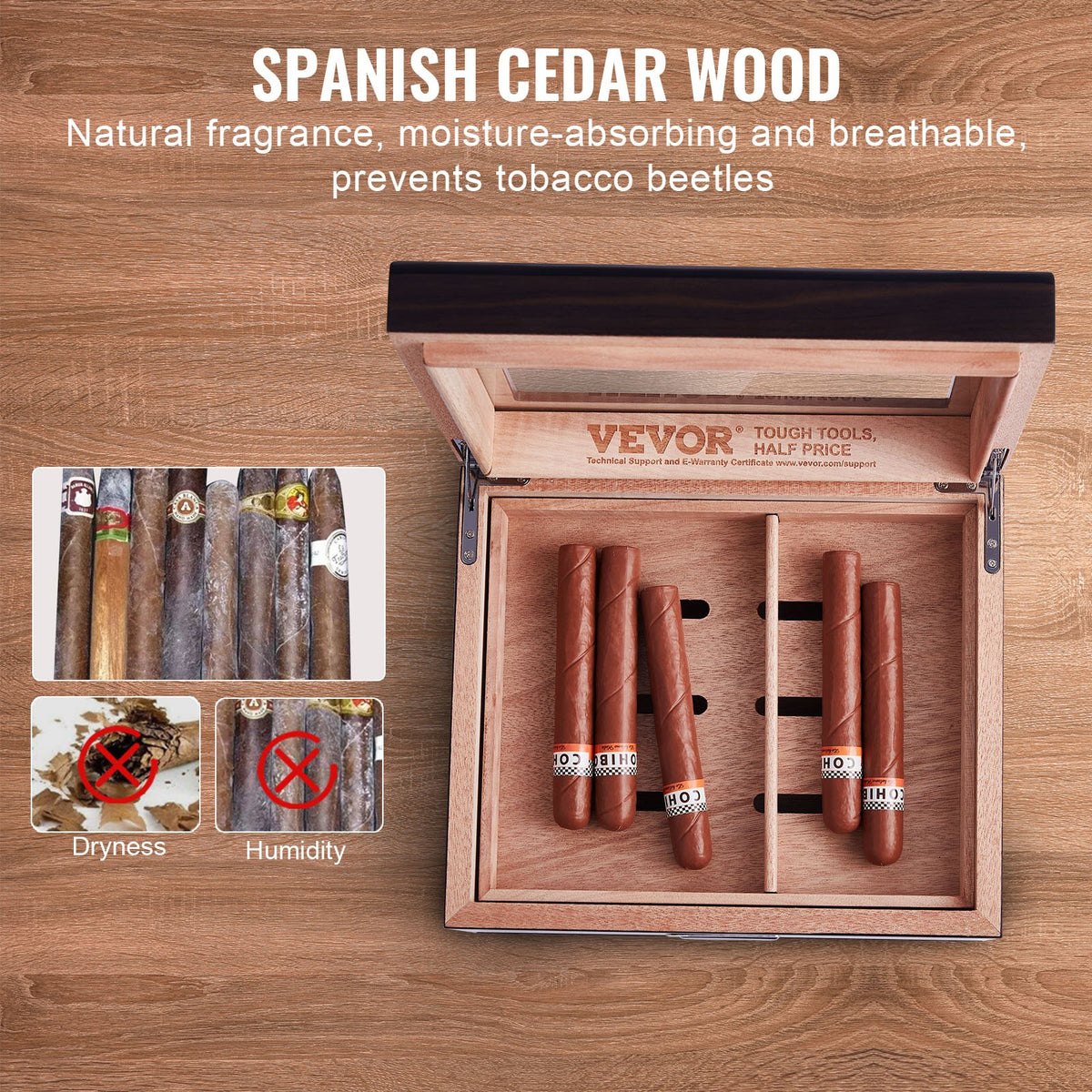 50 Cigar Humidor Glasstop Cedar Cigar Box Humidifier & Hygrometer & Drawer V952-XQBSJMTKJ3055E7JTV9