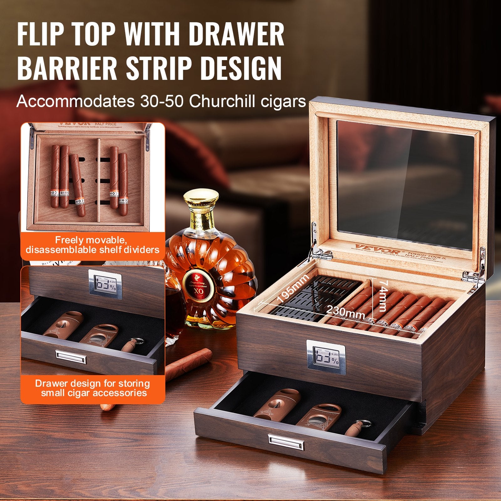 50 Cigar Humidor Glasstop Cedar Cigar Box Humidifier & Hygrometer & Drawer V952-XQBSJMTKJ3055E7JTV9