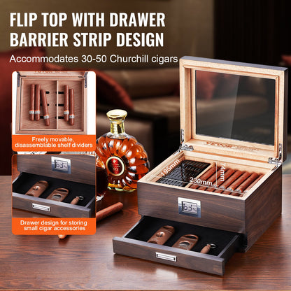 50 Cigar Humidor Glasstop Cedar Cigar Box Humidifier & Hygrometer & Drawer V952-XQBSJMTKJ3055E7JTV9