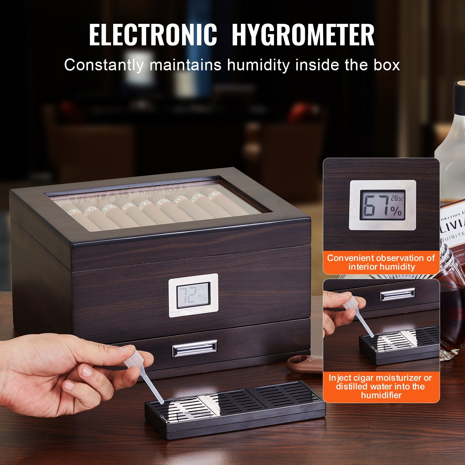 50 Cigar Humidor Glasstop Cedar Cigar Box Humidifier & Hygrometer & Drawer V952-XQBSJMTKJ3055E7JTV9