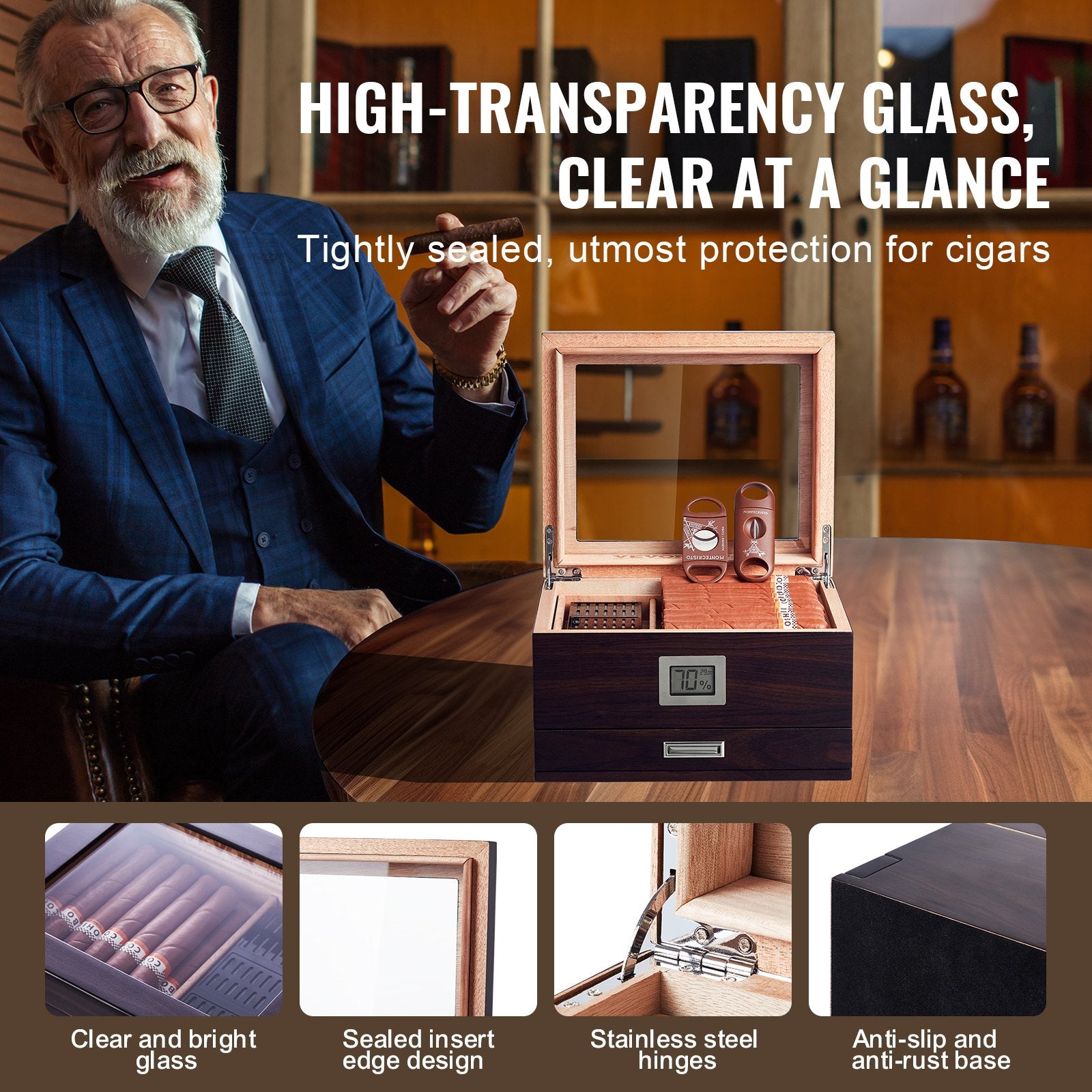 50 Cigar Humidor Glasstop Cedar Cigar Box Humidifier & Hygrometer & Drawer V952-XQBSJMTKJ3055E7JTV9