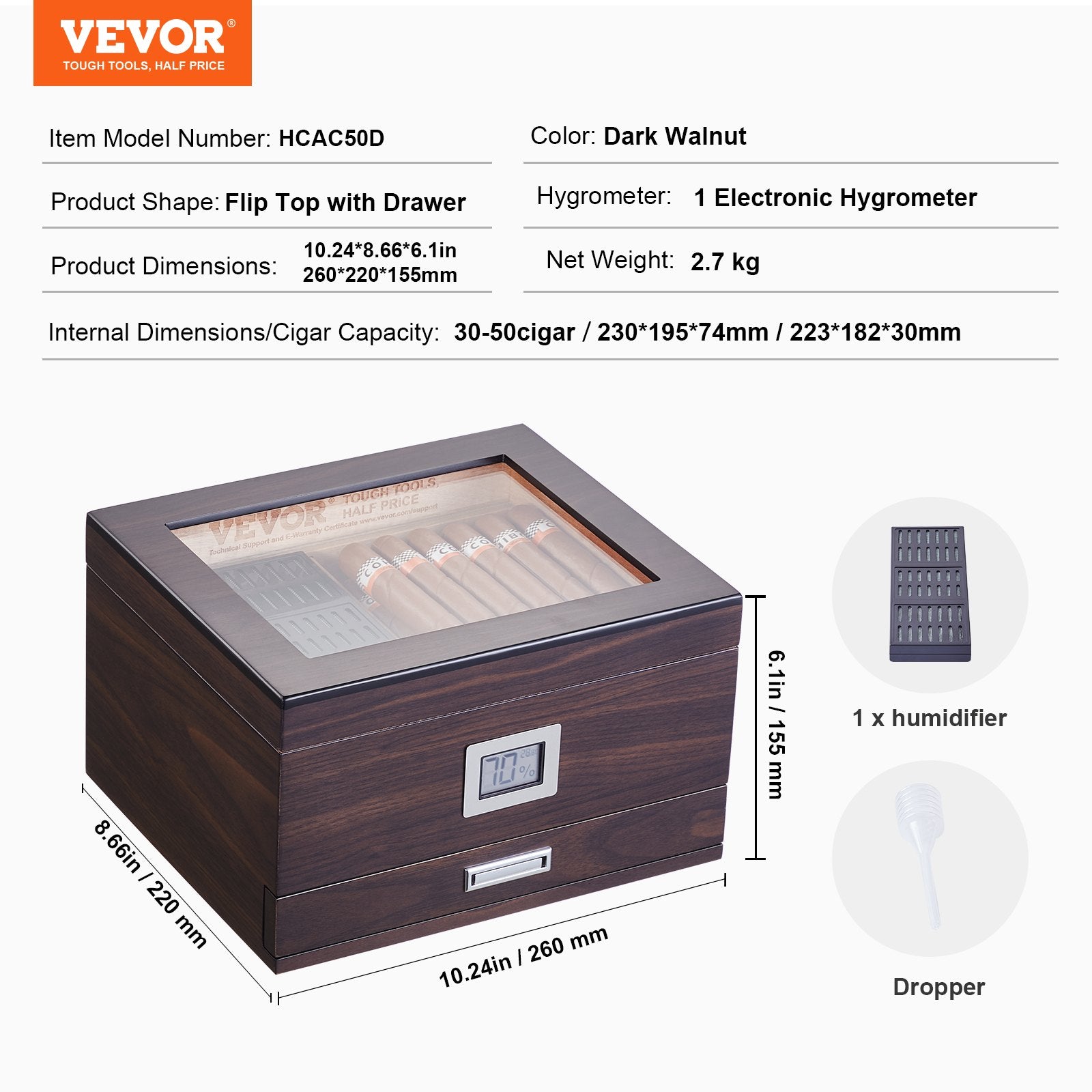 50 Cigar Humidor Glasstop Cedar Cigar Box Humidifier & Hygrometer & Drawer V952-XQBSJMTKJ3055E7JTV9