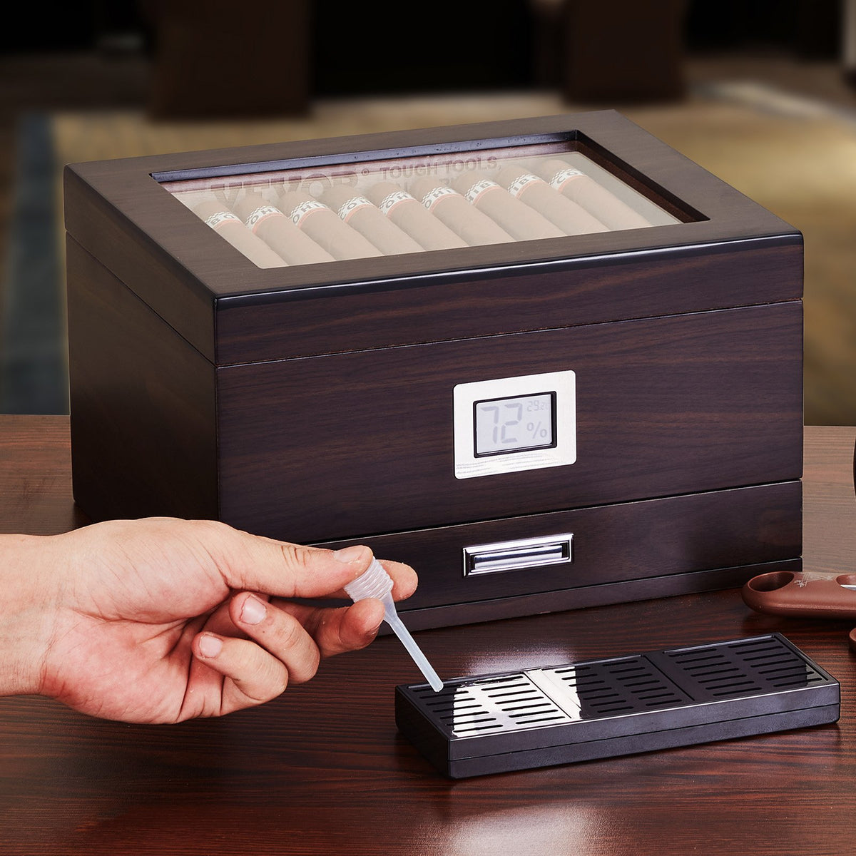 50 Cigar Humidor Glasstop Cedar Cigar Box Humidifier & Hygrometer & Drawer V952-XQBSJMTKJ3055E7JTV9