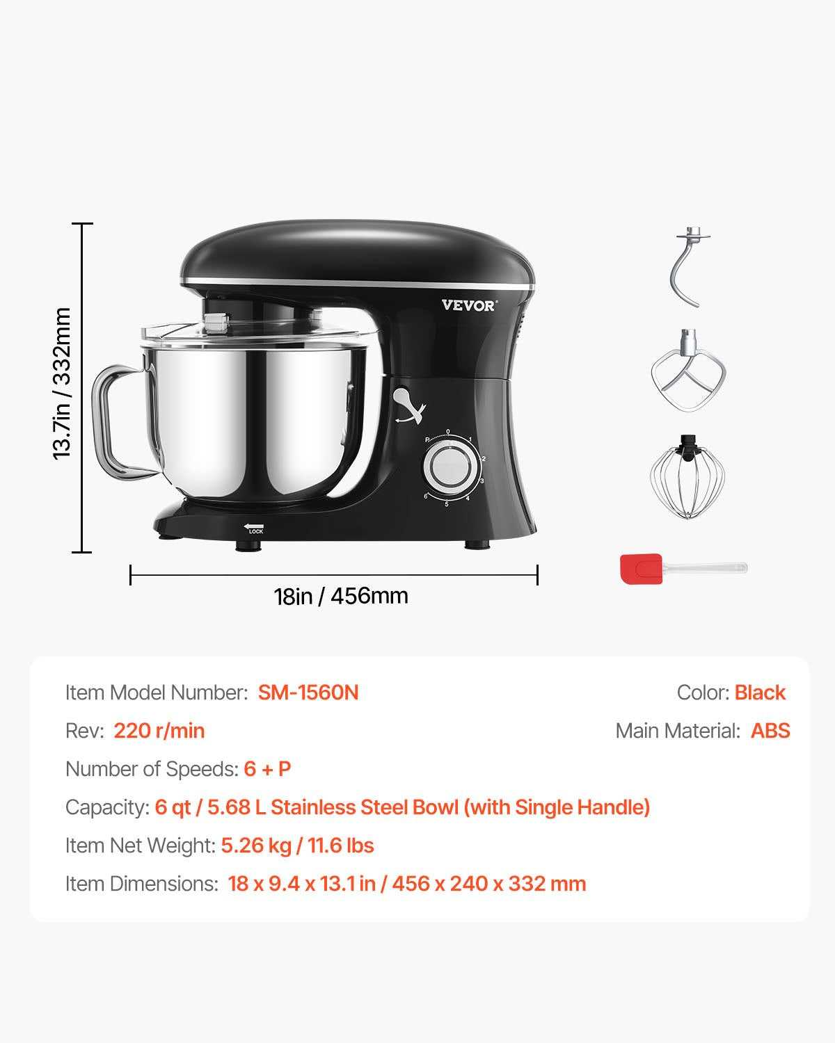 Stand Mixer 5.68 L Electric Dough Mixer 1100W 6 + P Speeds Food Beater V952-XRLTMSJBJHS6I5V82V3
