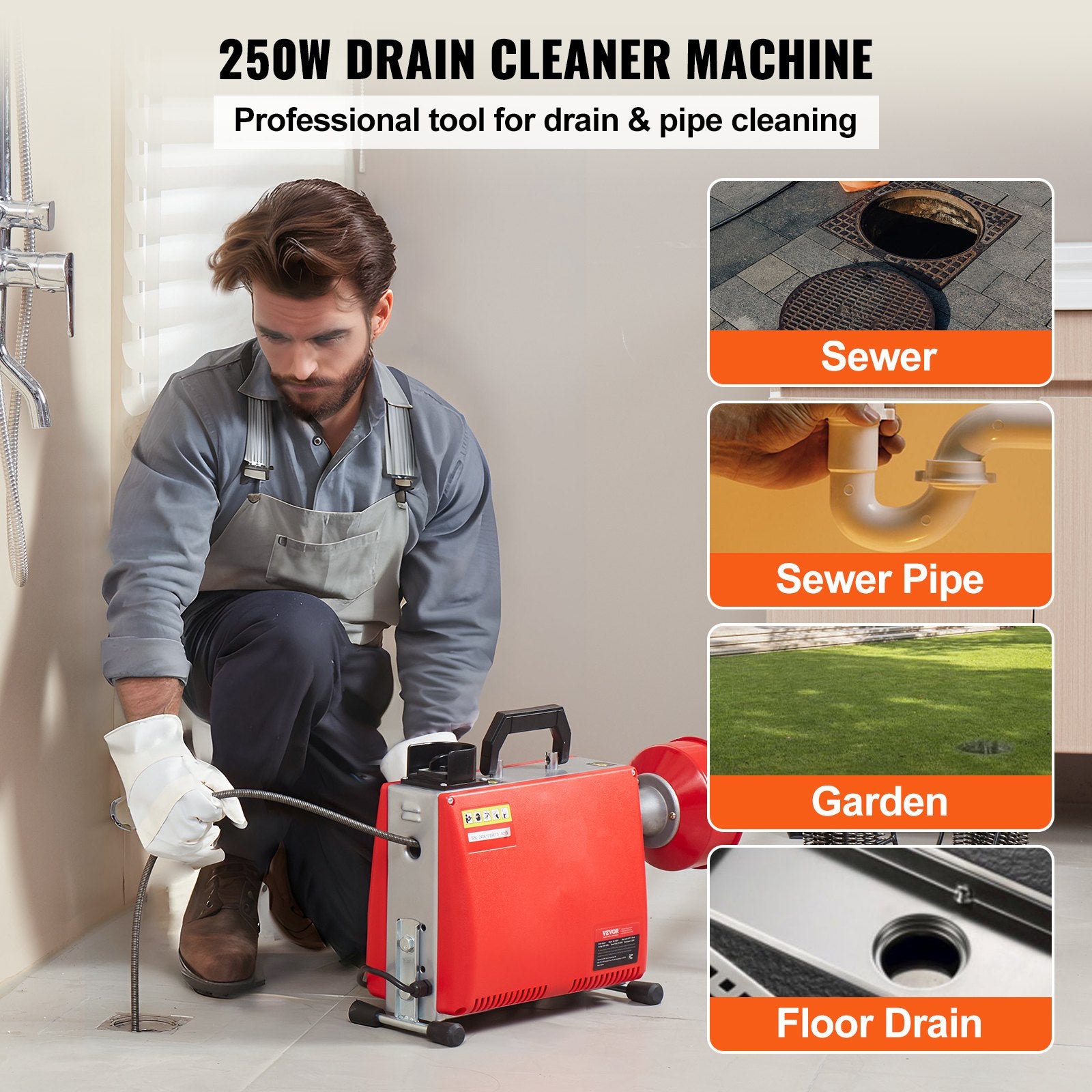 Drain Cleaner Machine 66FT x 5/8" 250W Sewer Snake Auger Manual Feed V952-XSGDSTJ250W540ZG9V3
