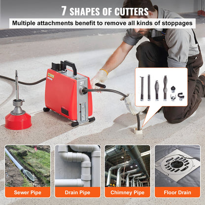 Drain Cleaner Machine 66FT x 5/8" 250W Sewer Snake Auger Manual Feed V952-XSGDSTJ250W540ZG9V3