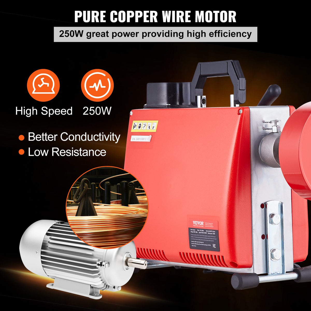 Drain Cleaner Machine 66FT x 5/8" 250W Sewer Snake Auger Manual Feed V952-XSGDSTJ250W540ZG9V3