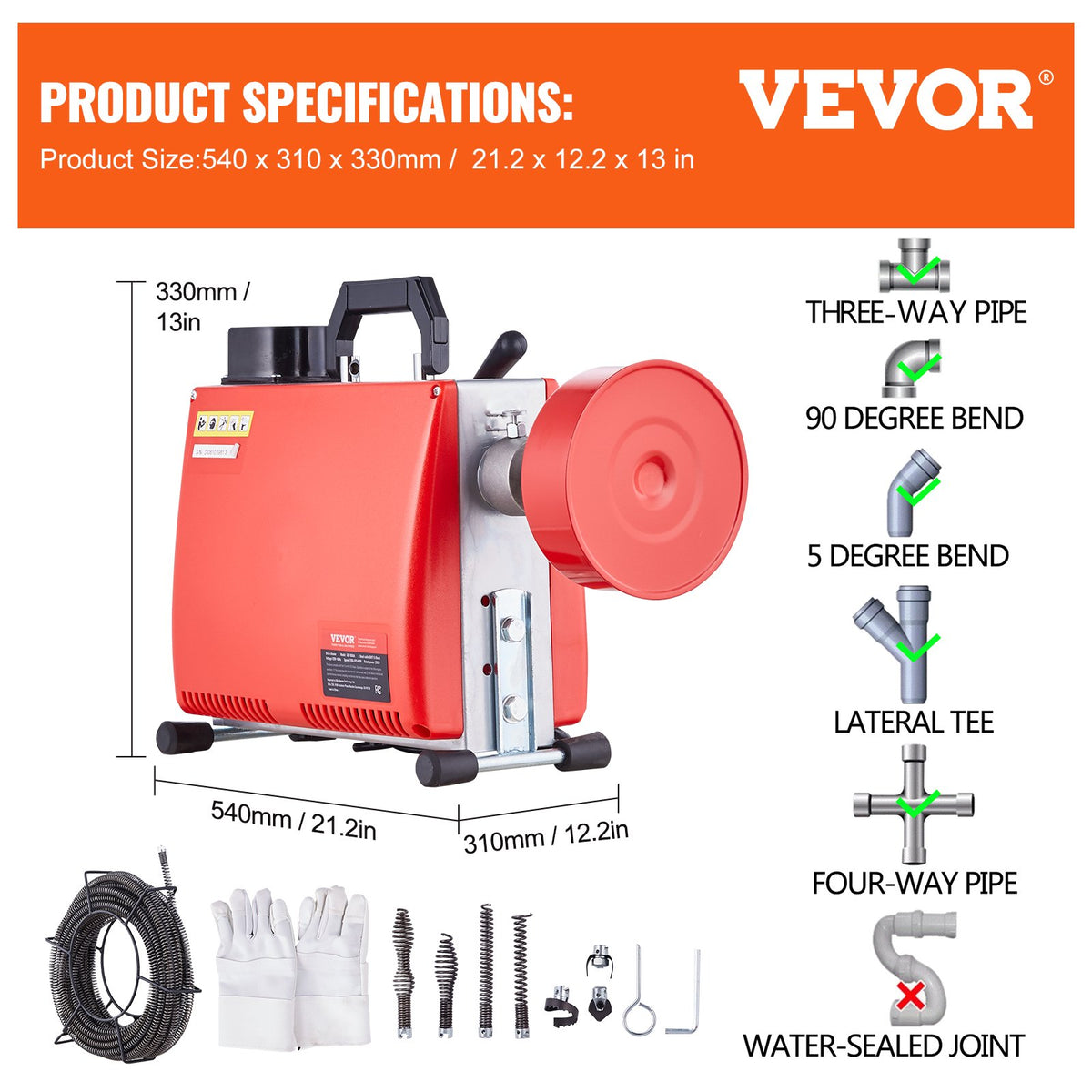 Drain Cleaner Machine 66FT x 5/8" 250W Sewer Snake Auger Manual Feed V952-XSGDSTJ250W540ZG9V3