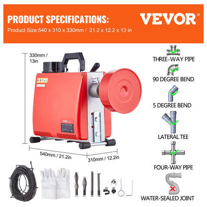 Drain Cleaner Machine 66FT x 5/8" 250W Sewer Snake Auger Manual Feed V952-XSGDSTJ250W540ZG9V3