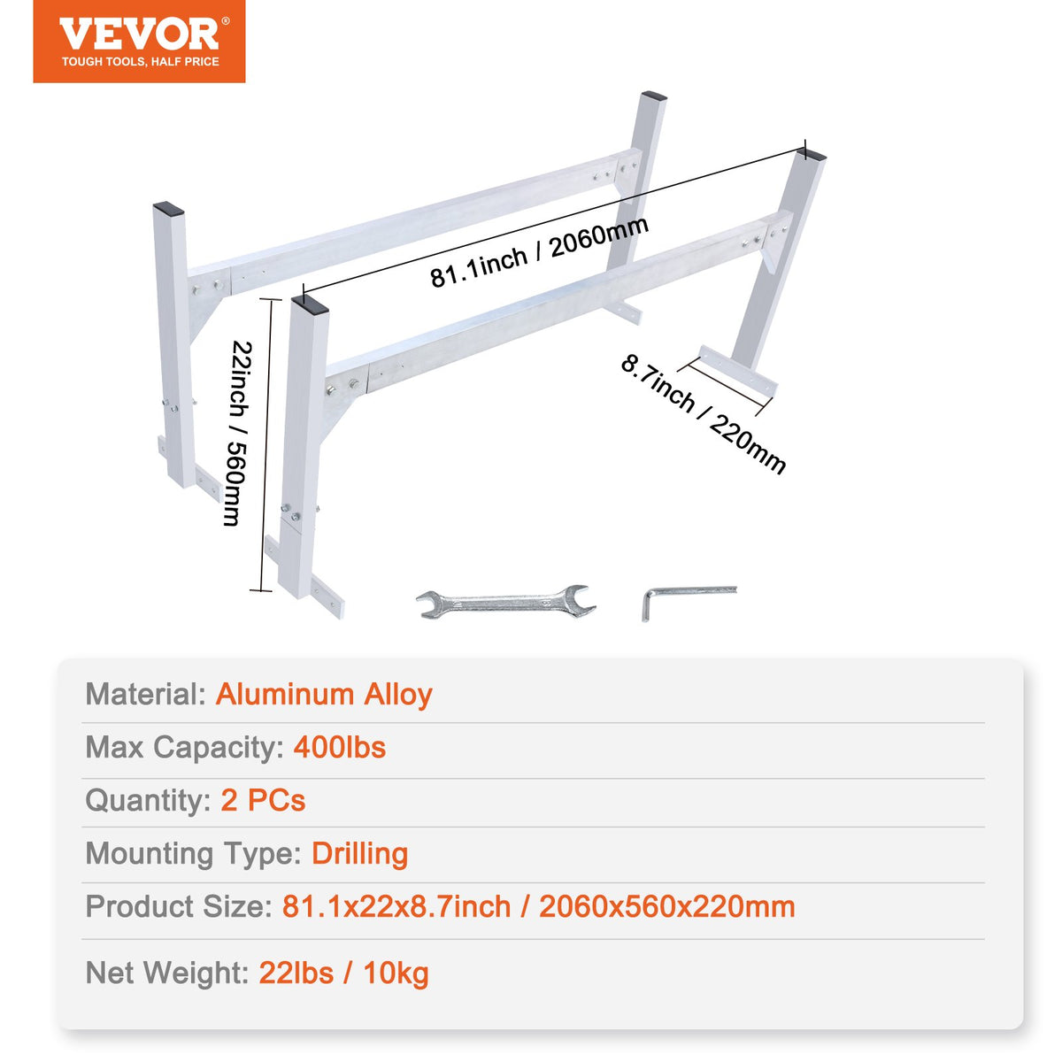 Van Roof Ladder Rack, 2 Bars Aluminum Alloy Roof Ladder Racks, 181 kg Capacity Rain-Gutter Van Roof Rack, V952-XSHCH24006775RD9SV0