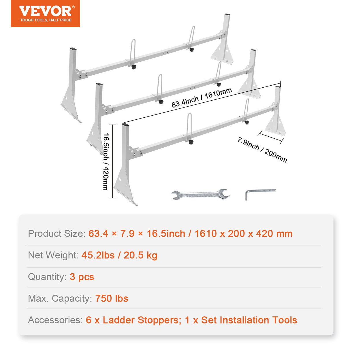 3-Bar Van Roof Ladder Rack Adjustable 56.3"-61.4" for Full-Size Vans V952-XSHCH474837508SG0V0