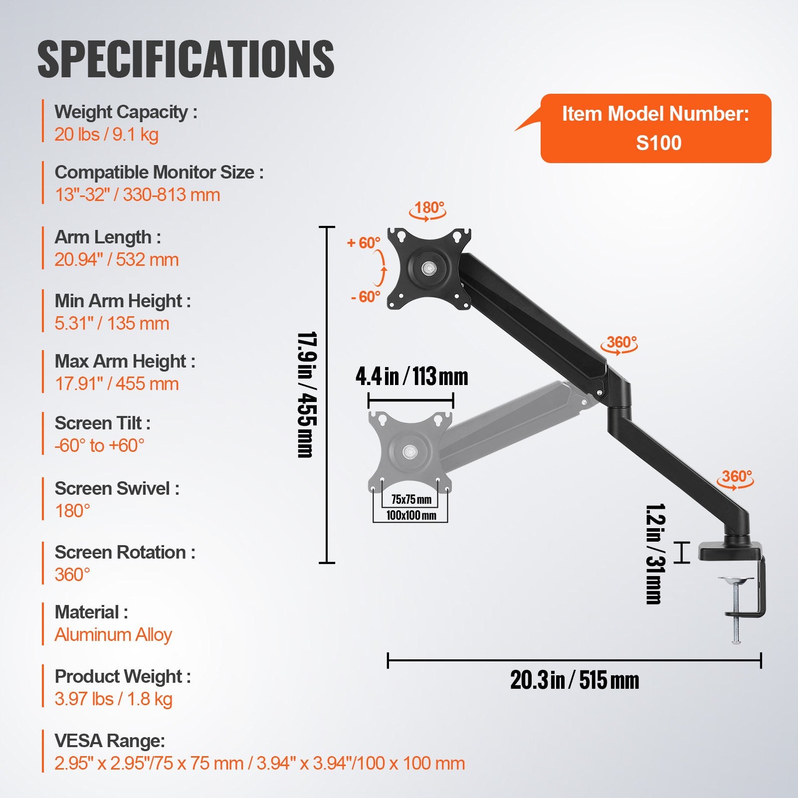 Single Monitor Mount, Supports 13"-32", 330-813 mm Screen, Fully Adjustable Gas Spring Monitor Arm, Hold up V952-XSQBJDMBQDHBUC1YIV0