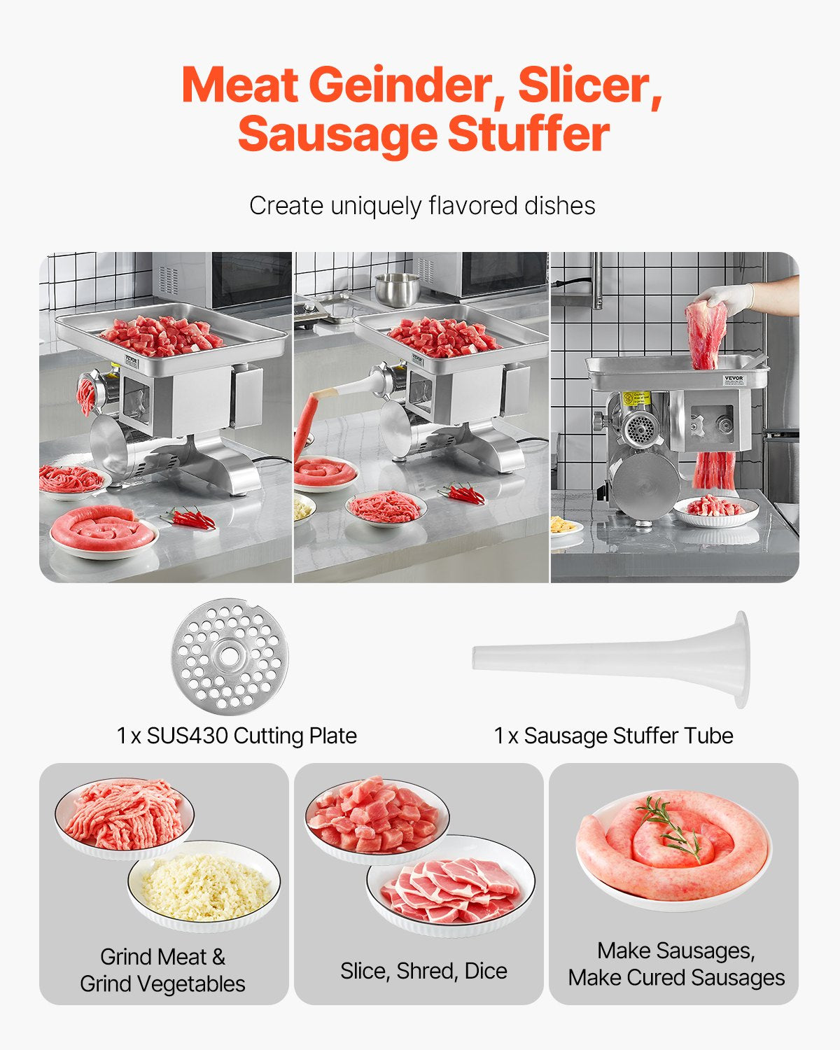 Commercial Electric Meat Grinder Slicer 4.99 kg/Min Sausage Stuffer Maker V952-XSYJQJTM5MM060HHOV3