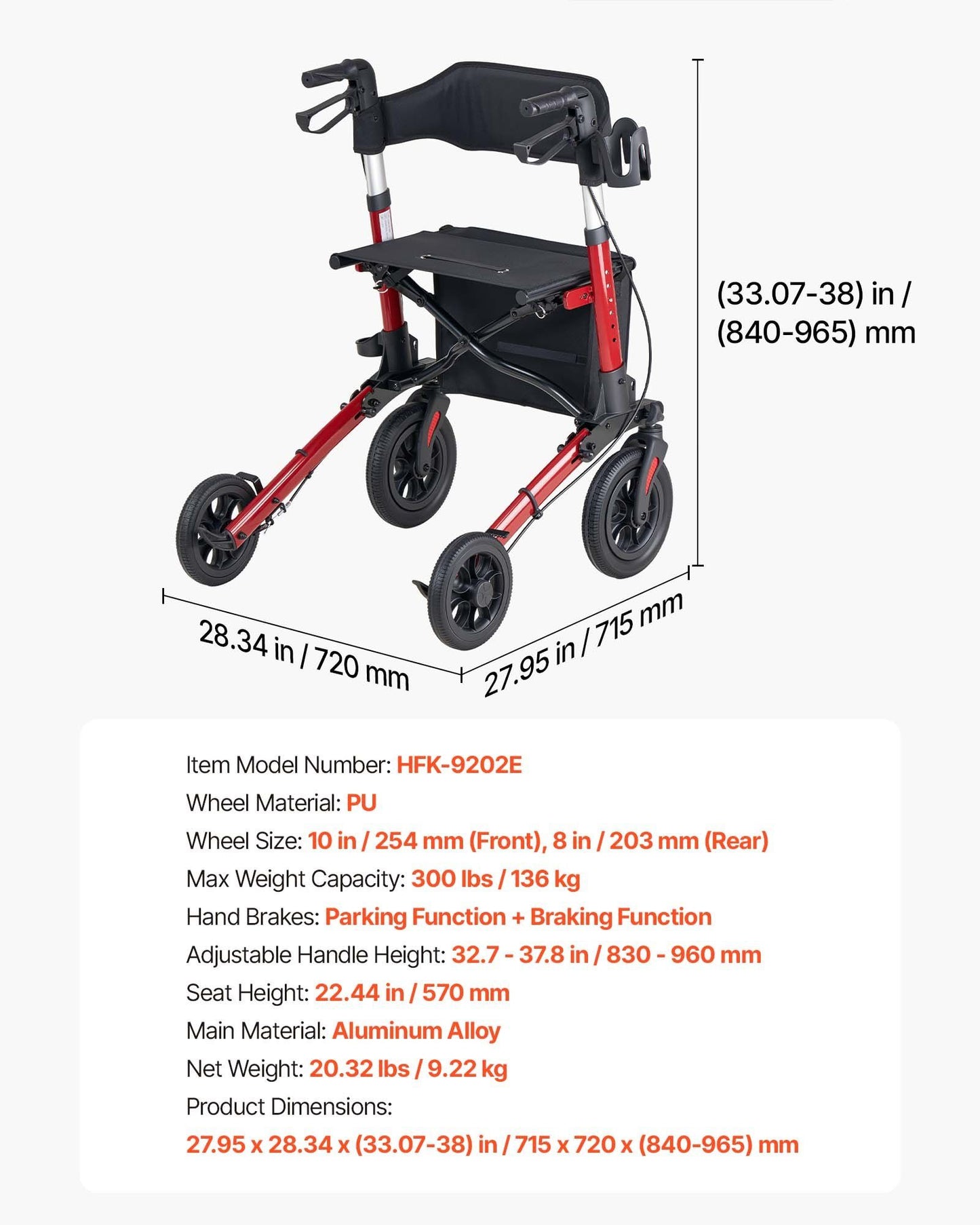 Rollator Walker with Seat for Seniors, Ultra Compact 3-Fold Rolling Walker, Lightweight Aluminum Mobility V952-XSZXQHSLHJQ1YKA5J001V0
